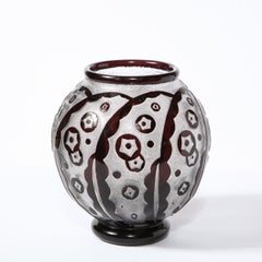 Art Deco Smoked & Frosted Glass Vase w/ Black Cubist Detailing Signed Daum Nancy