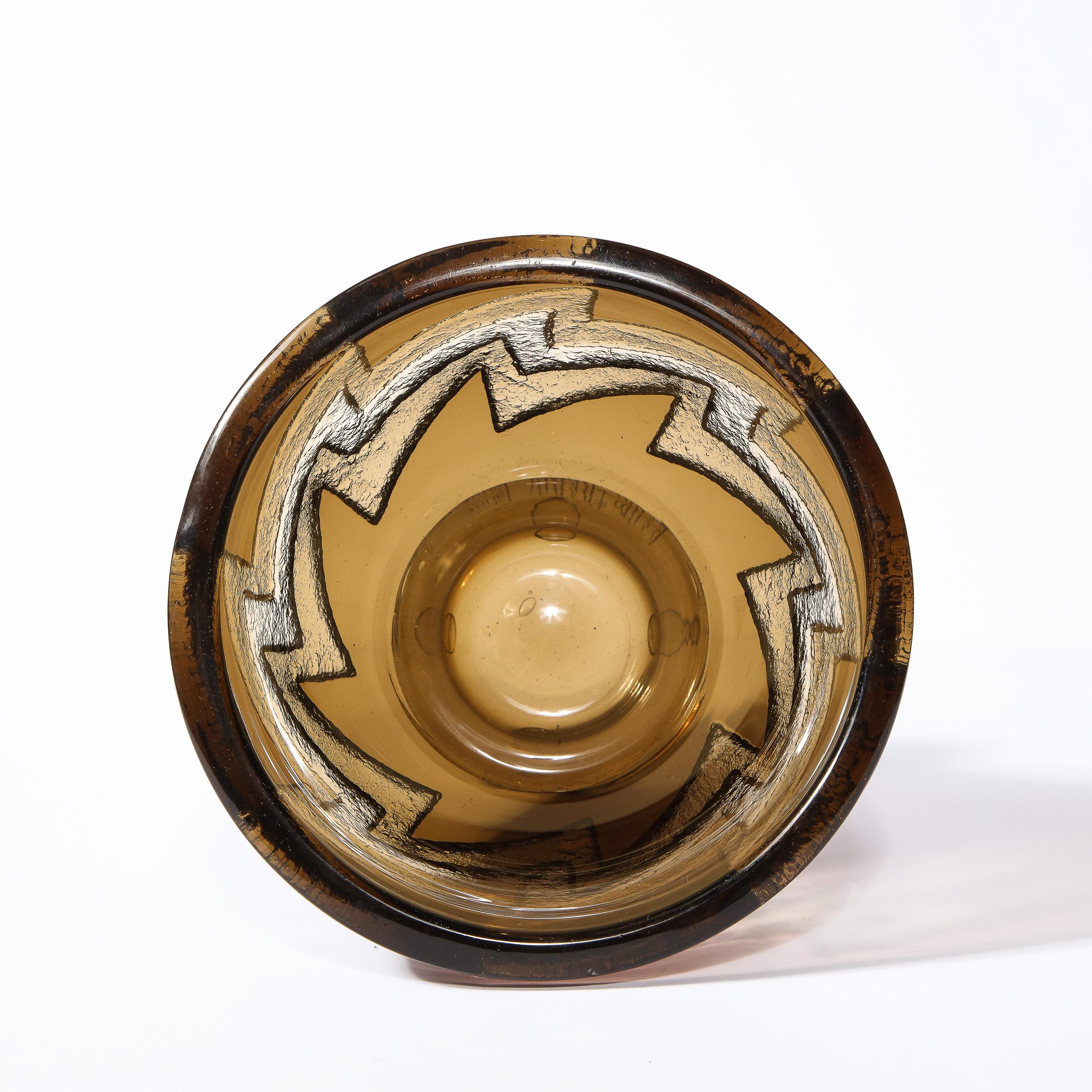 Art Deco Smoked Glass Vase with Recessed Molded Zig Zag Motif Signed Daum Nancy 4