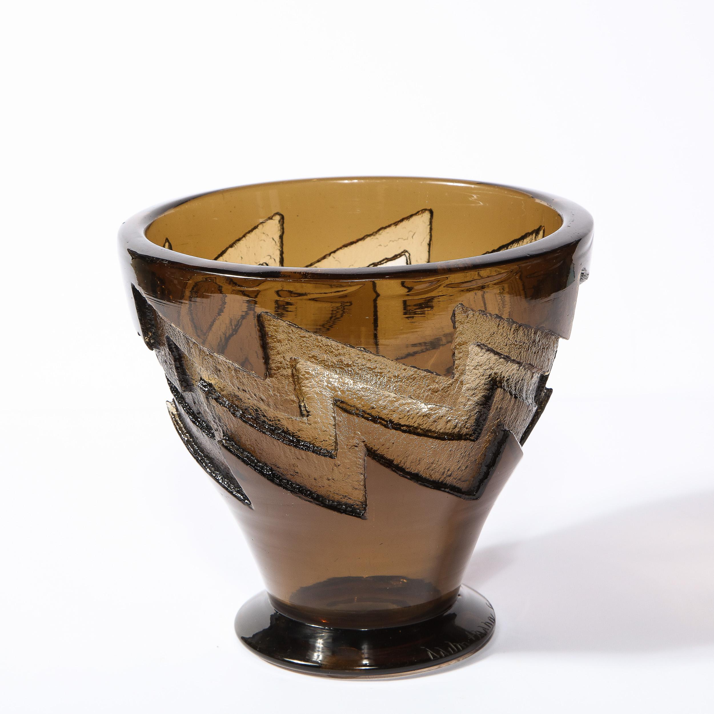 Art Deco Smoked Glass Vase with Recessed Molded Zig Zag Motif Signed Daum Nancy 6