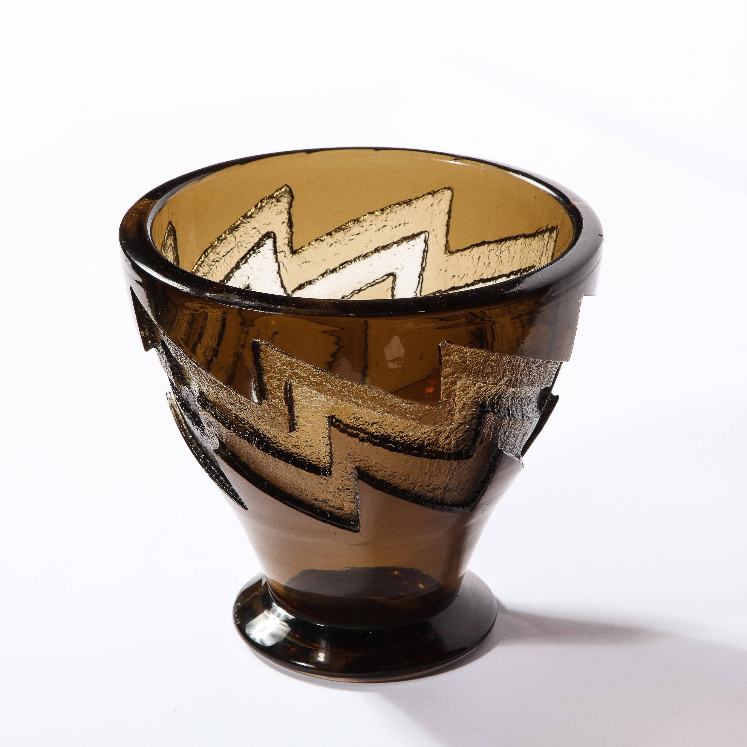 Art Deco Smoked Glass Vase with Recessed Molded Zig Zag Motif Signed Daum Nancy 8
