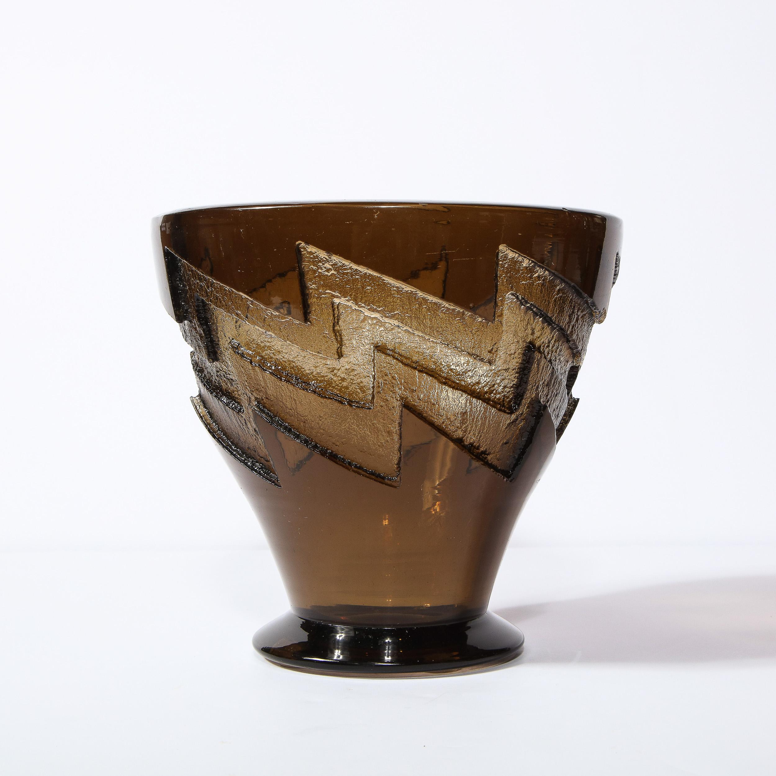 Art Deco Smoked Glass Vase with Recessed Molded Zig Zag Motif Signed Daum Nancy In Good Condition In New York, NY