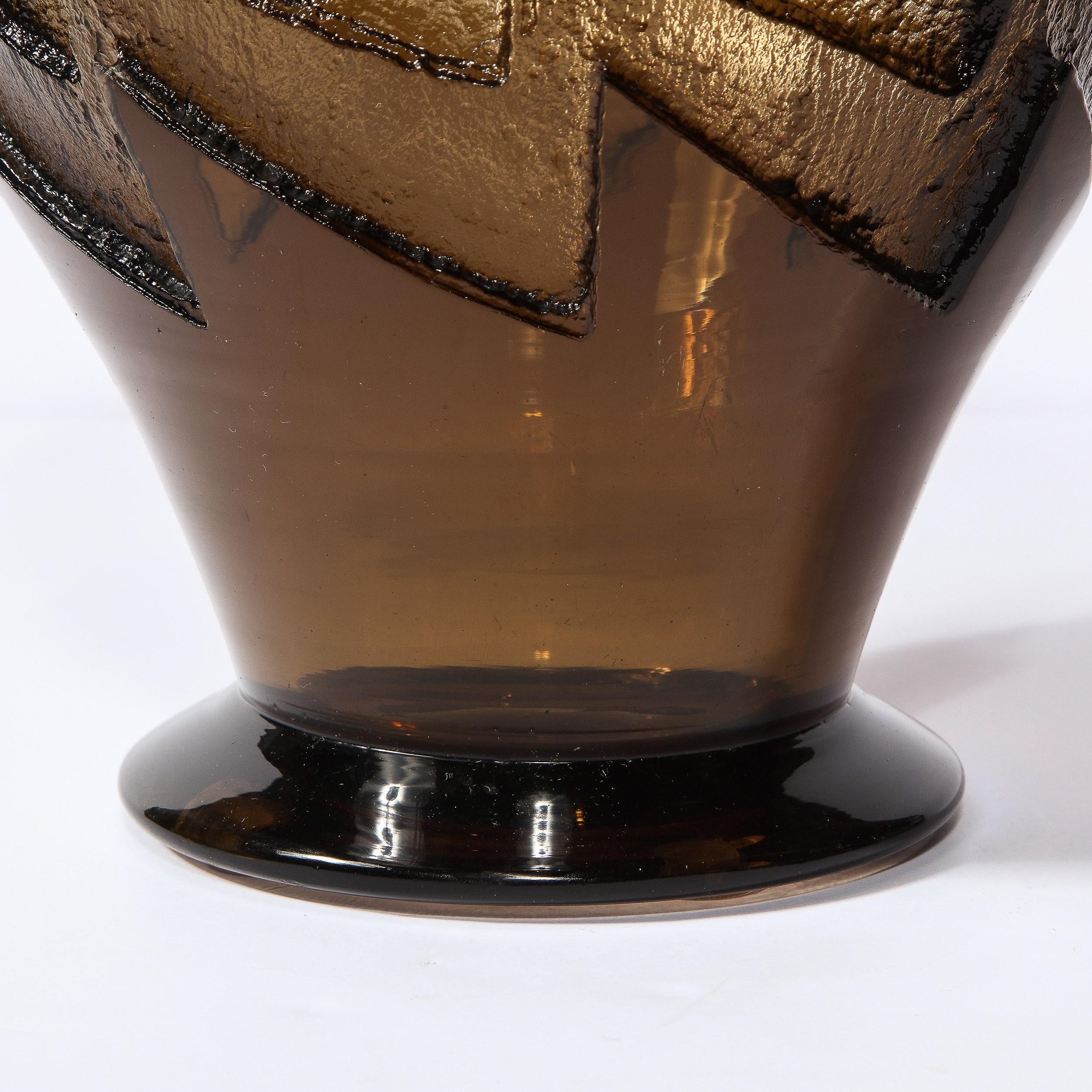 Art Glass Art Deco Smoked Glass Vase with Recessed Molded Zig Zag Motif Signed Daum Nancy