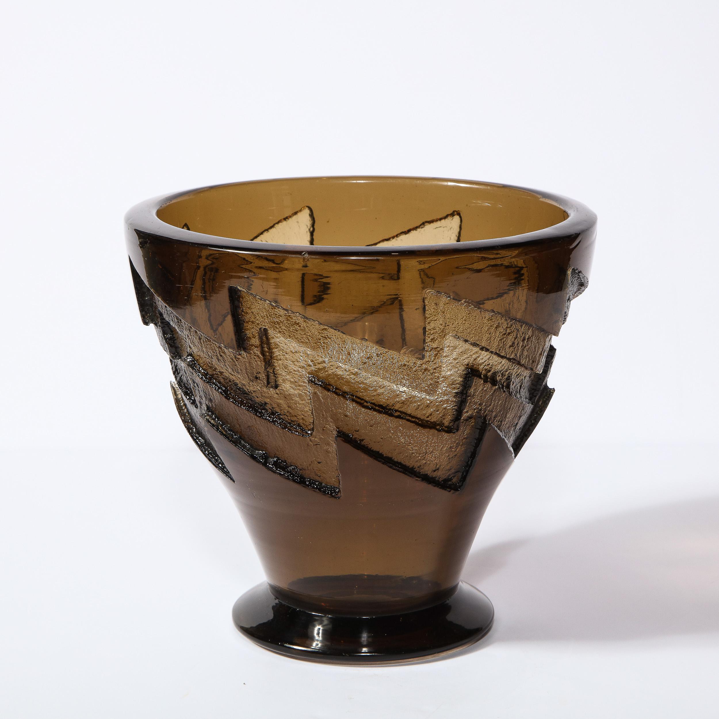 Art Deco Smoked Glass Vase with Recessed Molded Zig Zag Motif Signed Daum Nancy 2