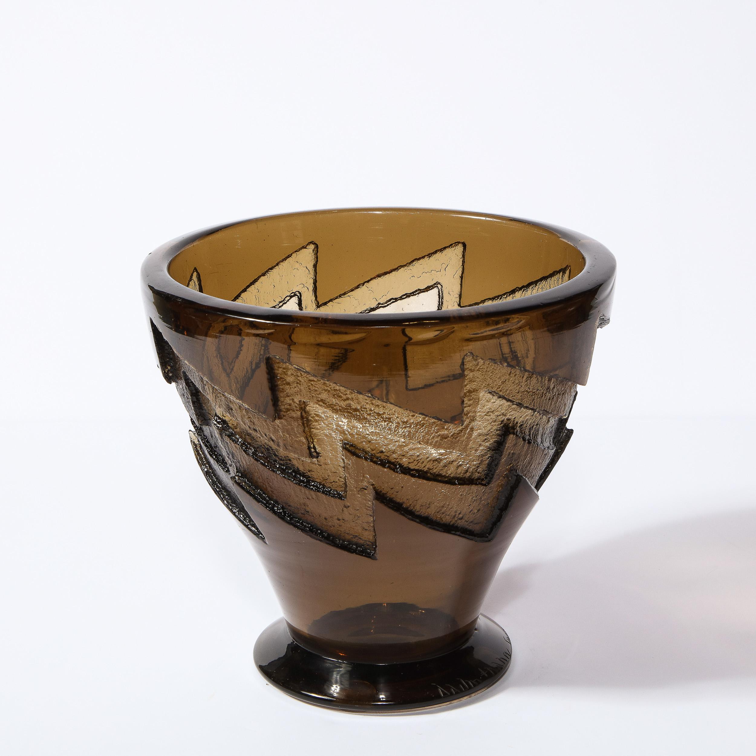 Art Deco Smoked Glass Vase with Recessed Molded Zig Zag Motif Signed Daum Nancy 3