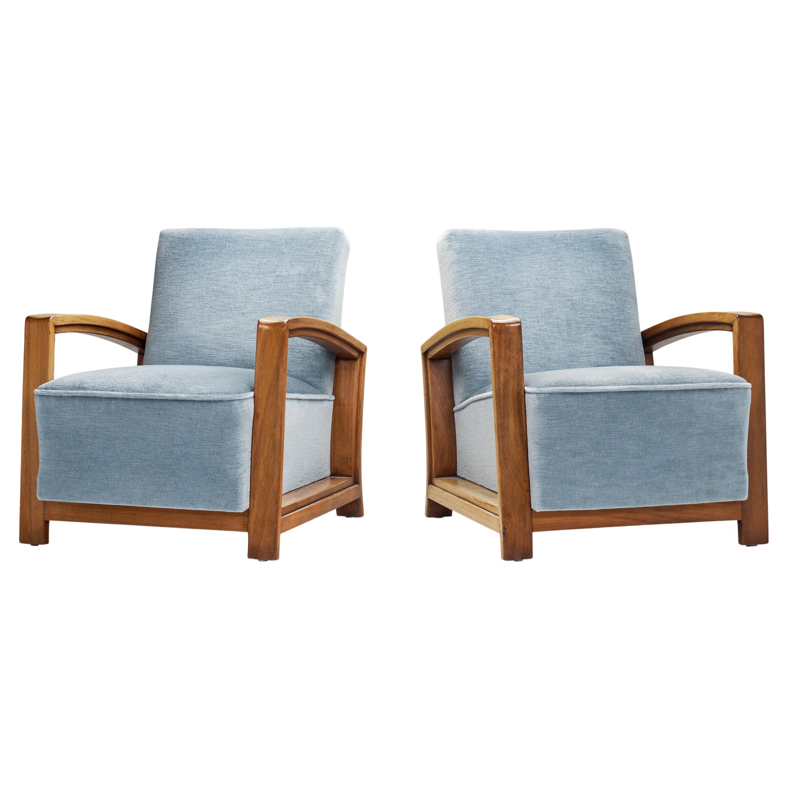 Art Deco Smoker Armchairs in Light Blue Velour, The Netherlands ca 1930s For Sale