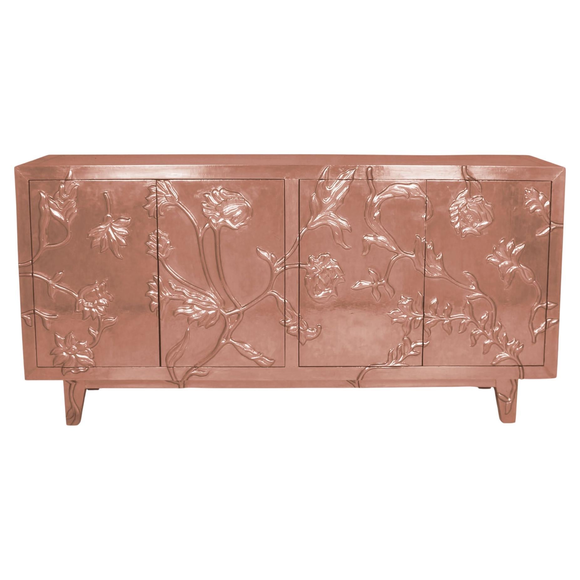 Art Deco Smooth Copper Sideboard – Floral Metal Clad Credenza, Handmade