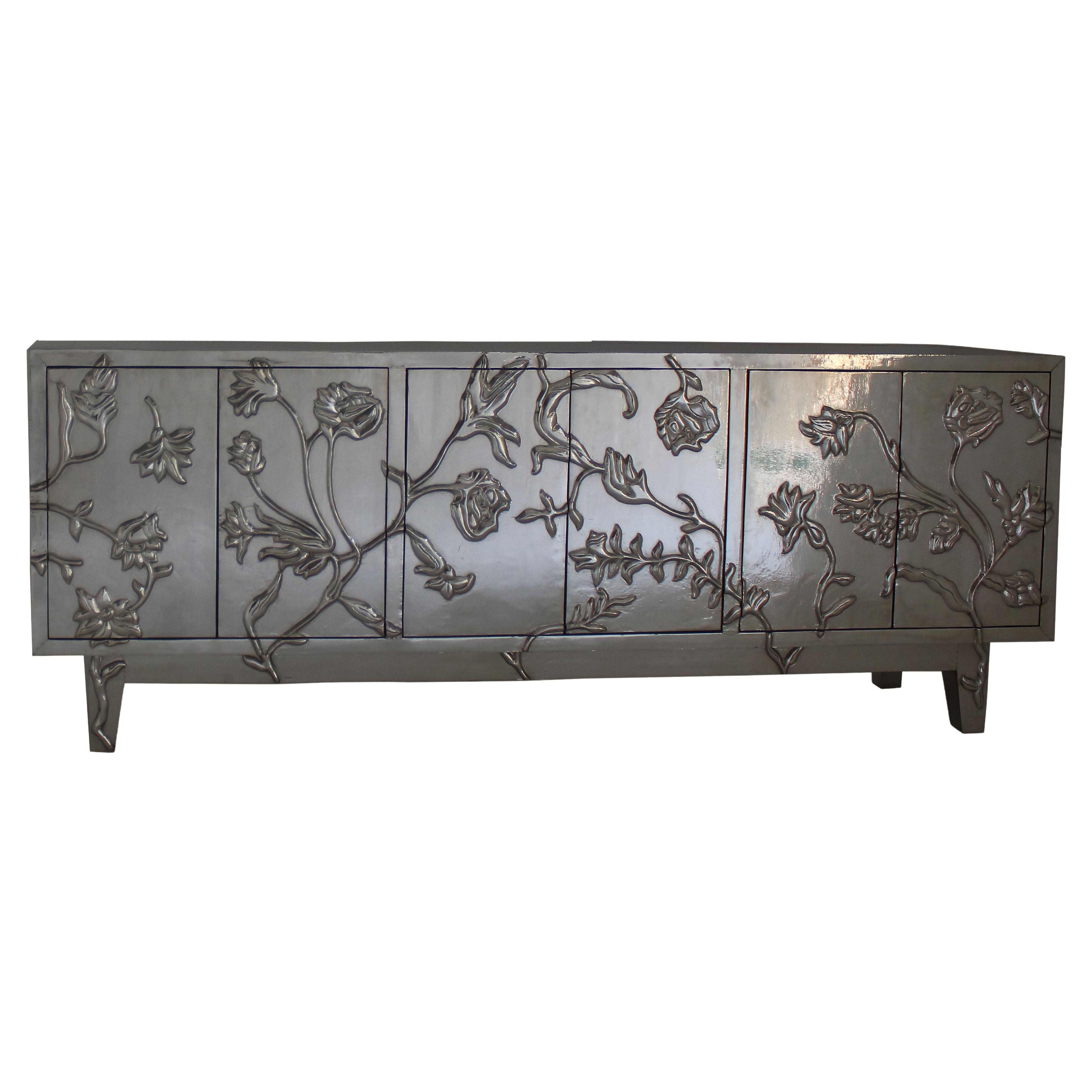 Art Deco Smooth White Bronze Sideboard – Floral Metal Clad Credenza, Handmade