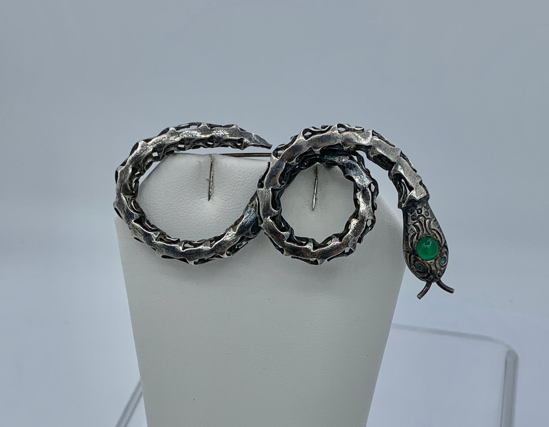 Cabochon Art Deco Snake Brooch Green Chrysophrase Silver Antique For Sale