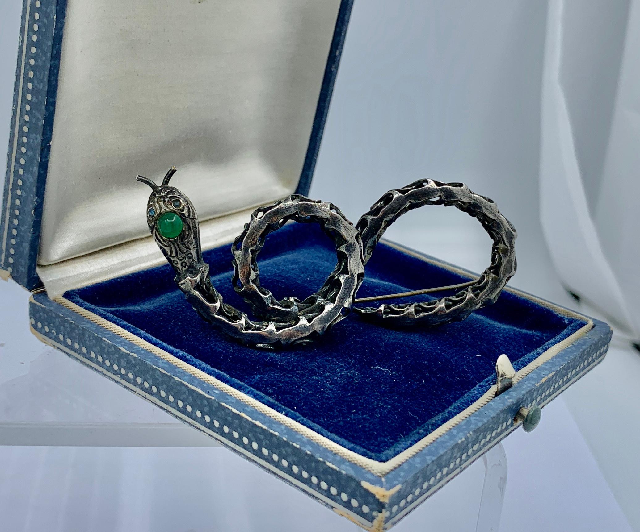 Art Deco Snake Brooch Green Chrysophrase Silver Antique For Sale 3