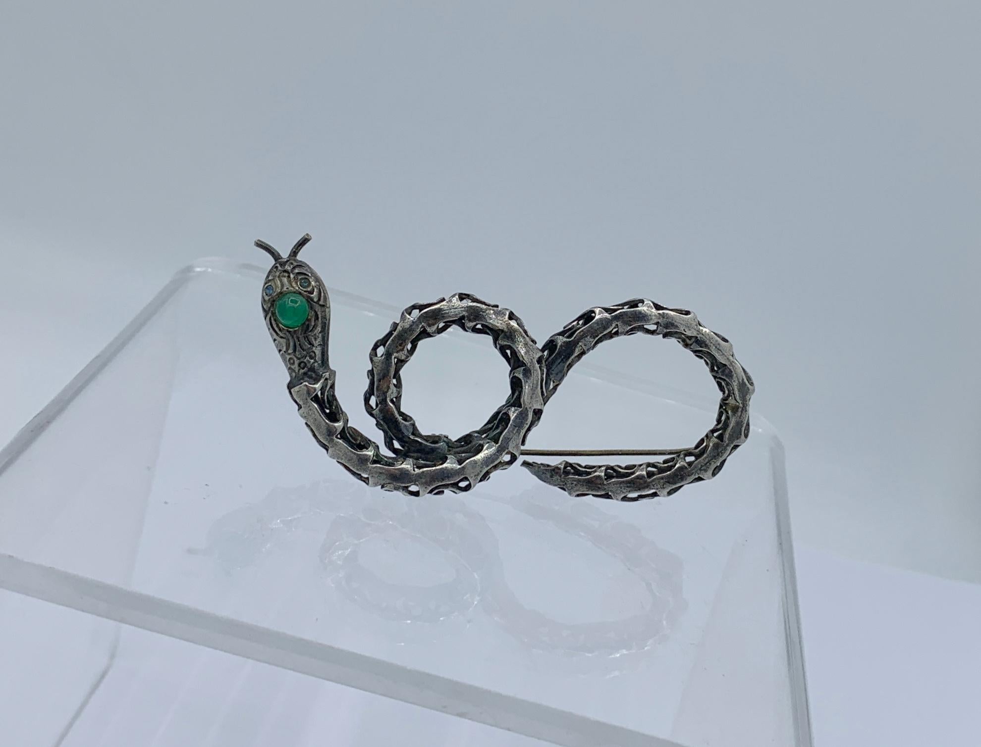 Art Deco Snake Brooch Green Chrysophrase Silver Antique For Sale 4