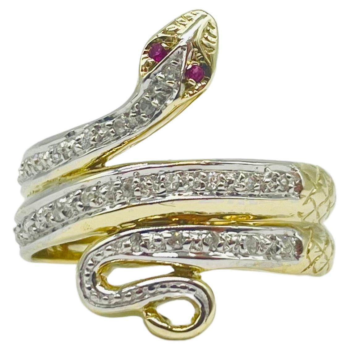 Art deco snake ring with diamonds and ruby yellowgold  For Sale
