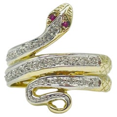 Retro Art deco snake ring with diamonds and ruby yellowgold 