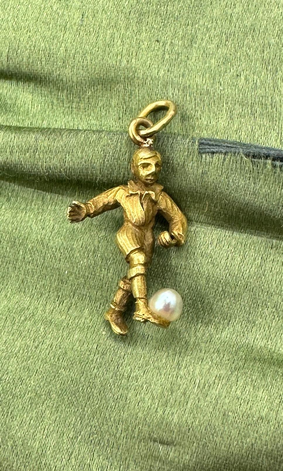 Bead Art Deco Soccer Football Player Pendant Charm Gold Pearl Antique Necklace For Sale