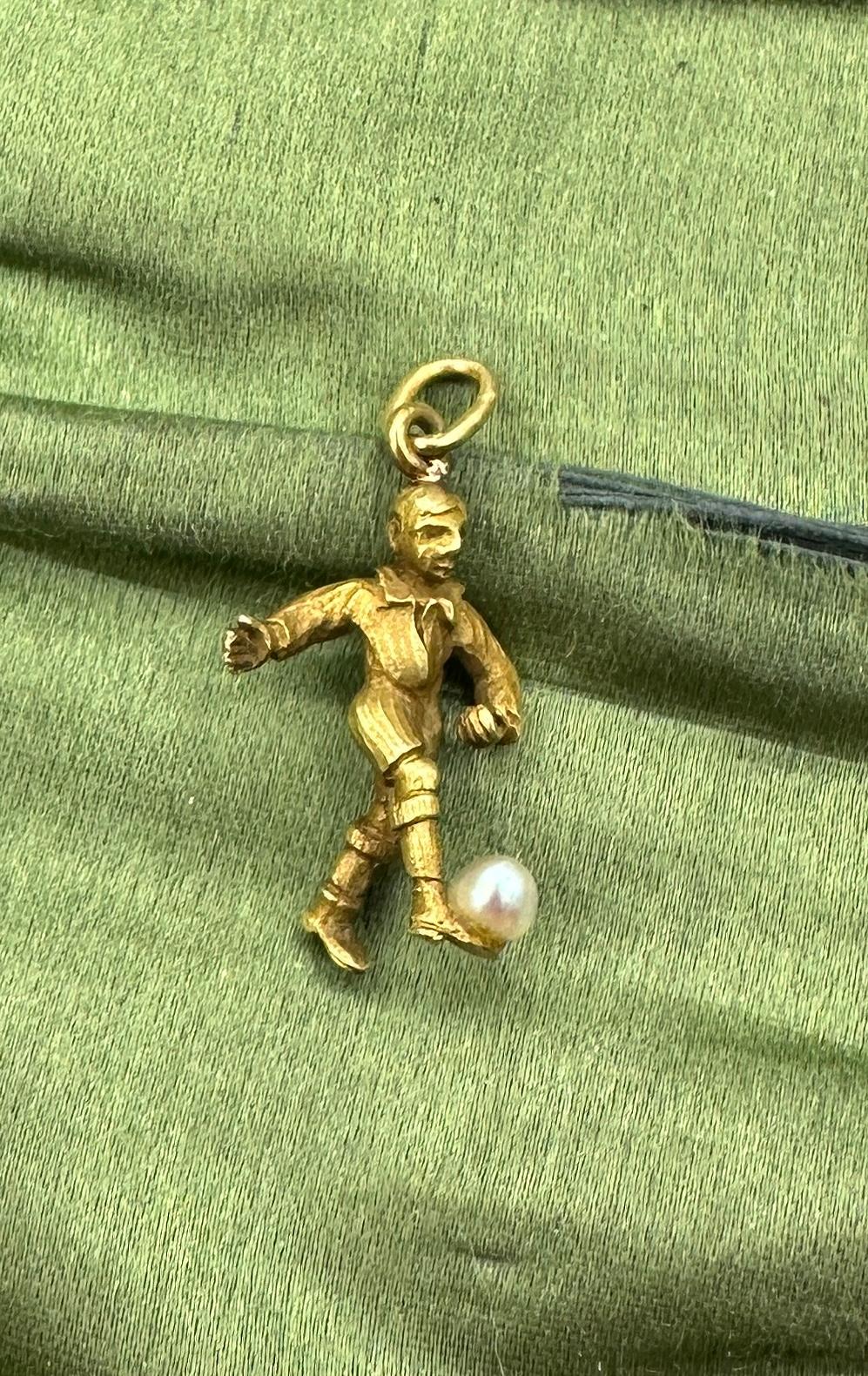 Art Deco Soccer Football Player Pendant Charm Gold Pearl Antique Necklace In Excellent Condition For Sale In New York, NY