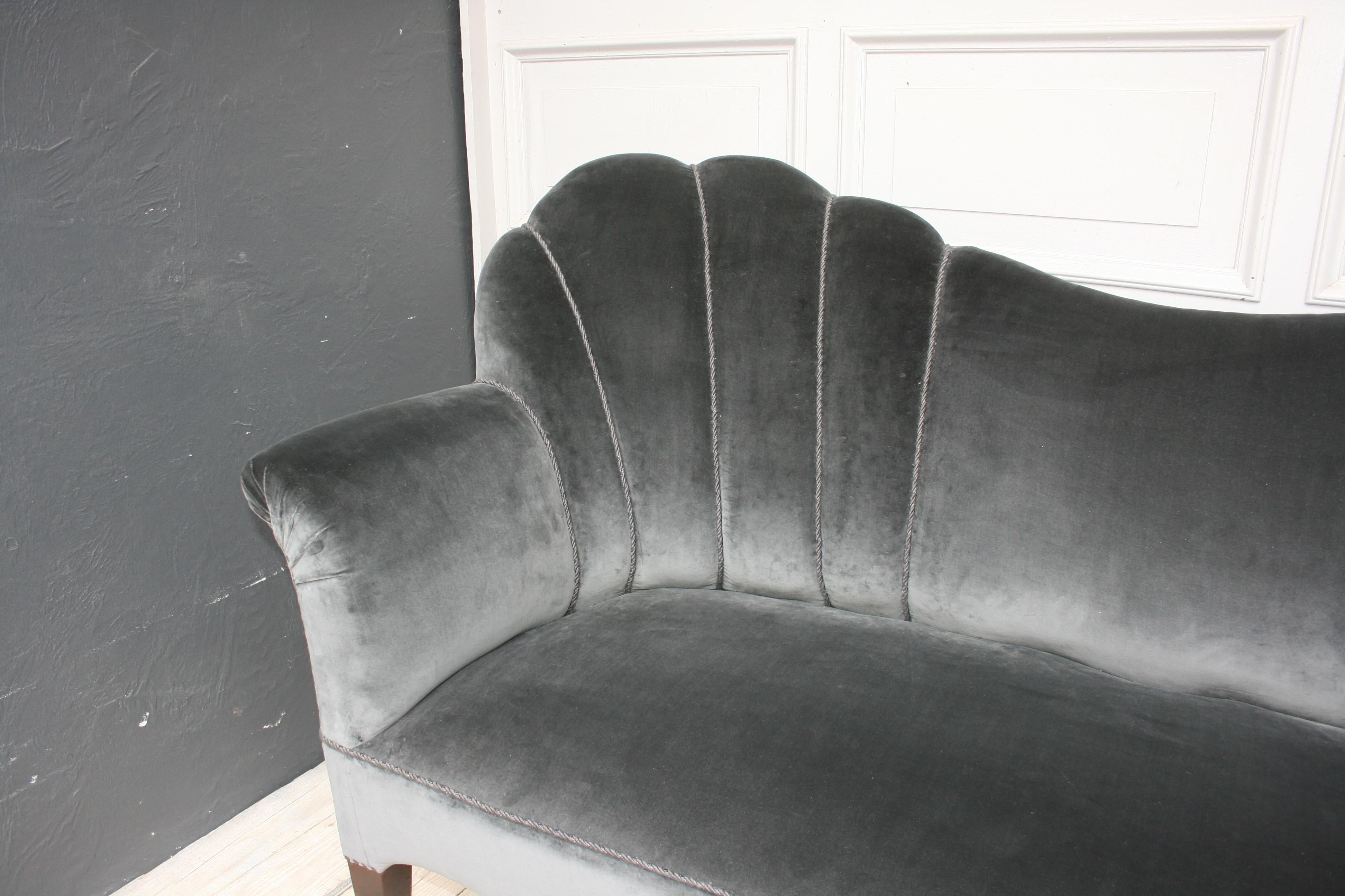Upholstery Art Deco Sofa, 1930s, Newly Upholstered in Gray Velvet Fabric