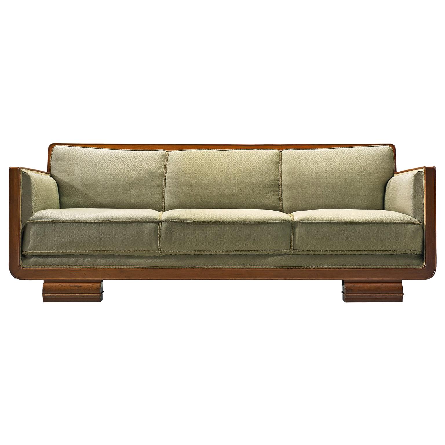 Art Deco Sofa, Green Fabric and Mahogany, France, 1940s
