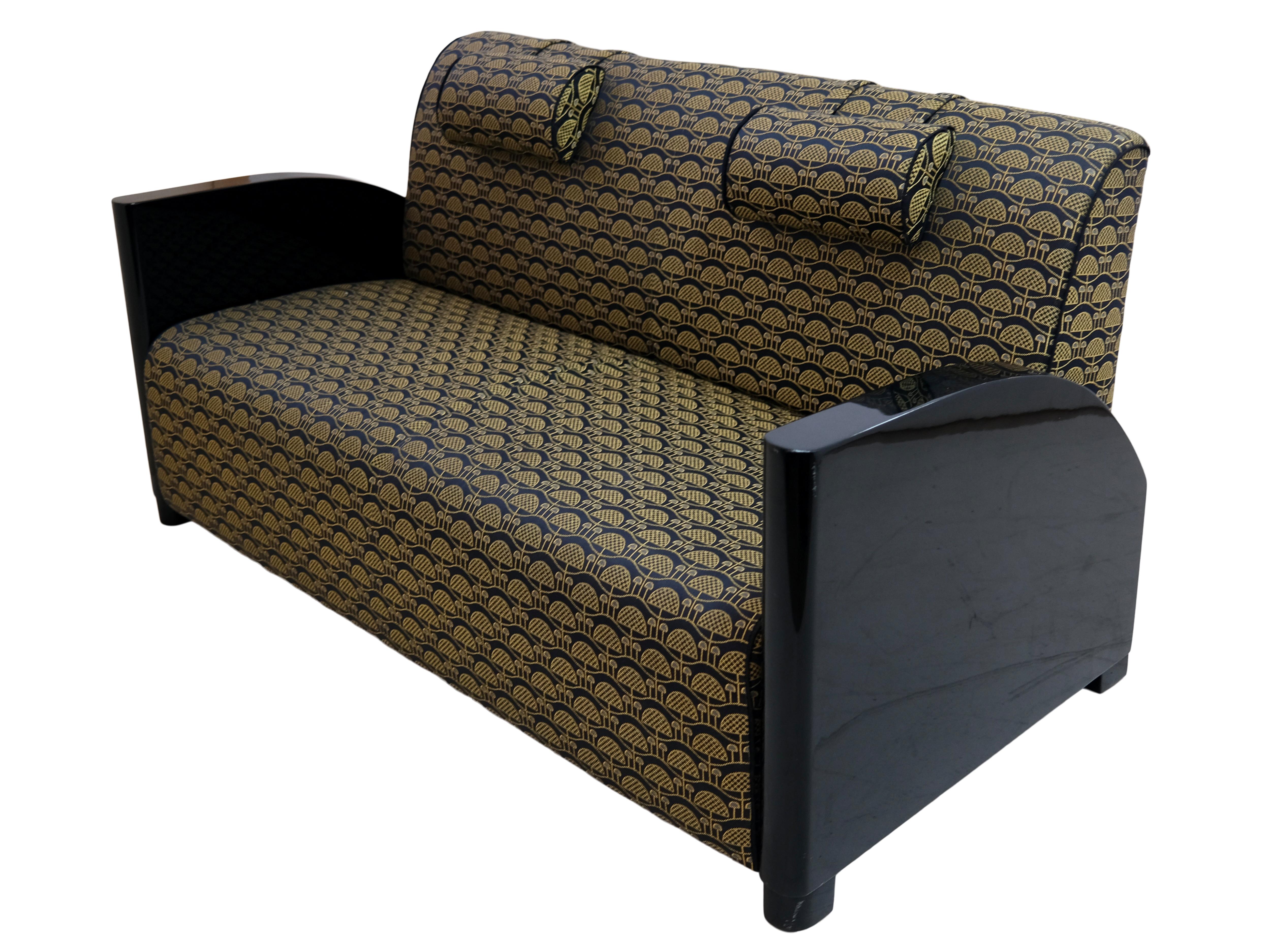 Art Deco Sofa
Piano lacquer, black high gloss
Golden upholstery

Original Art Deco, France 1930s

Dimensions:
Width: 167 cm
Height: 82 cm
Depth: 77,5 cm
Seat height: 40 cm