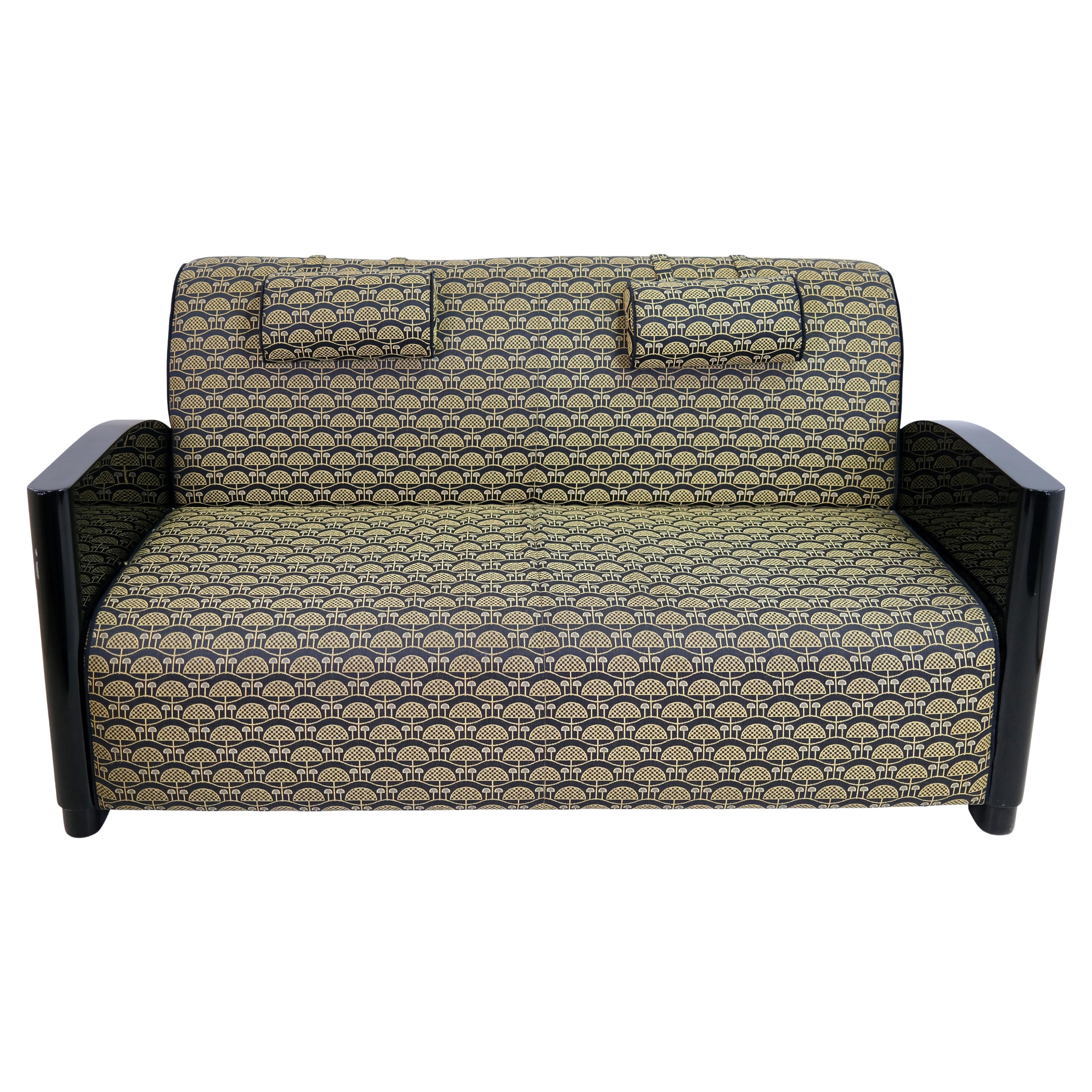 Art Deco Sofa in Black Lacquer and Golden Upholstery