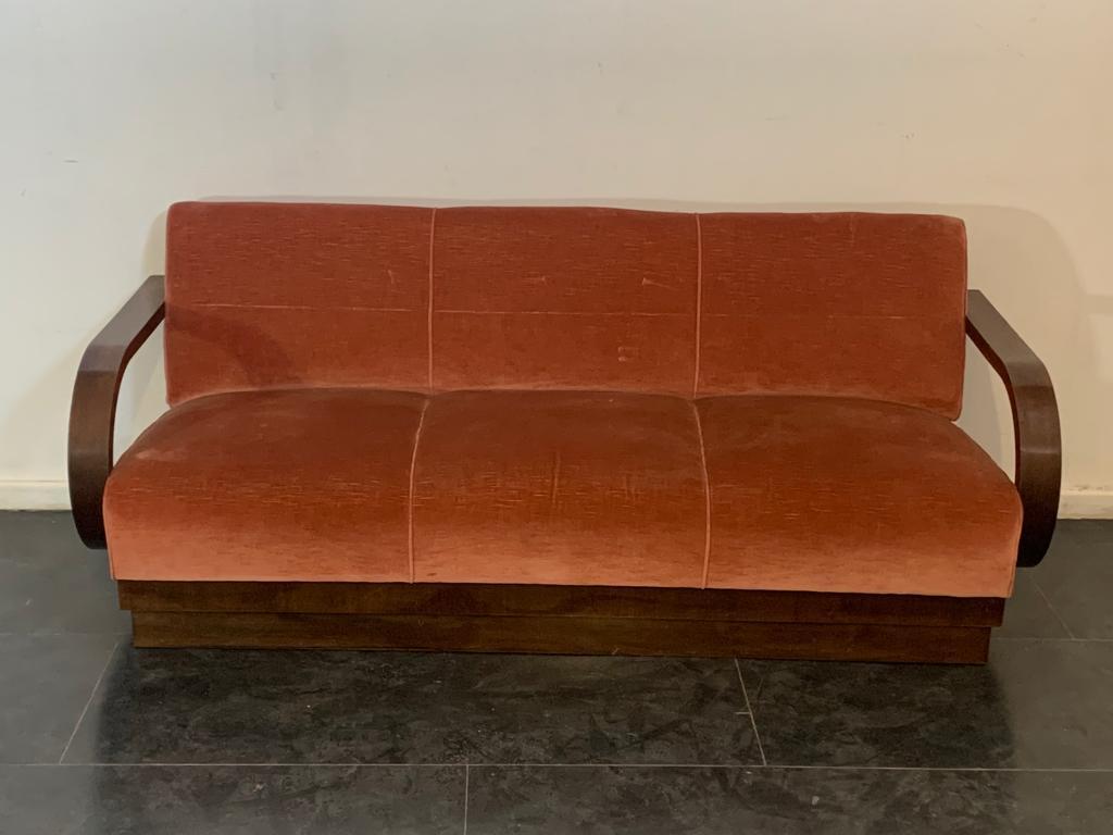 Art Deco Sofa in Fabric and Oak Arched Armrests 7