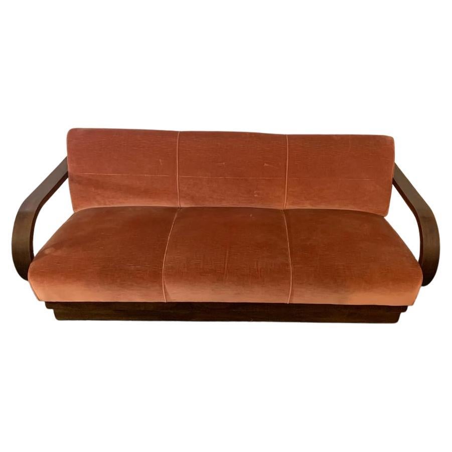 Art Deco Sofa in Fabric and Oak Arched Armrests