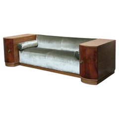 Art Deco Sofa in Green Velvet, Walnut with Cabinet Ends, Belgium, 1920