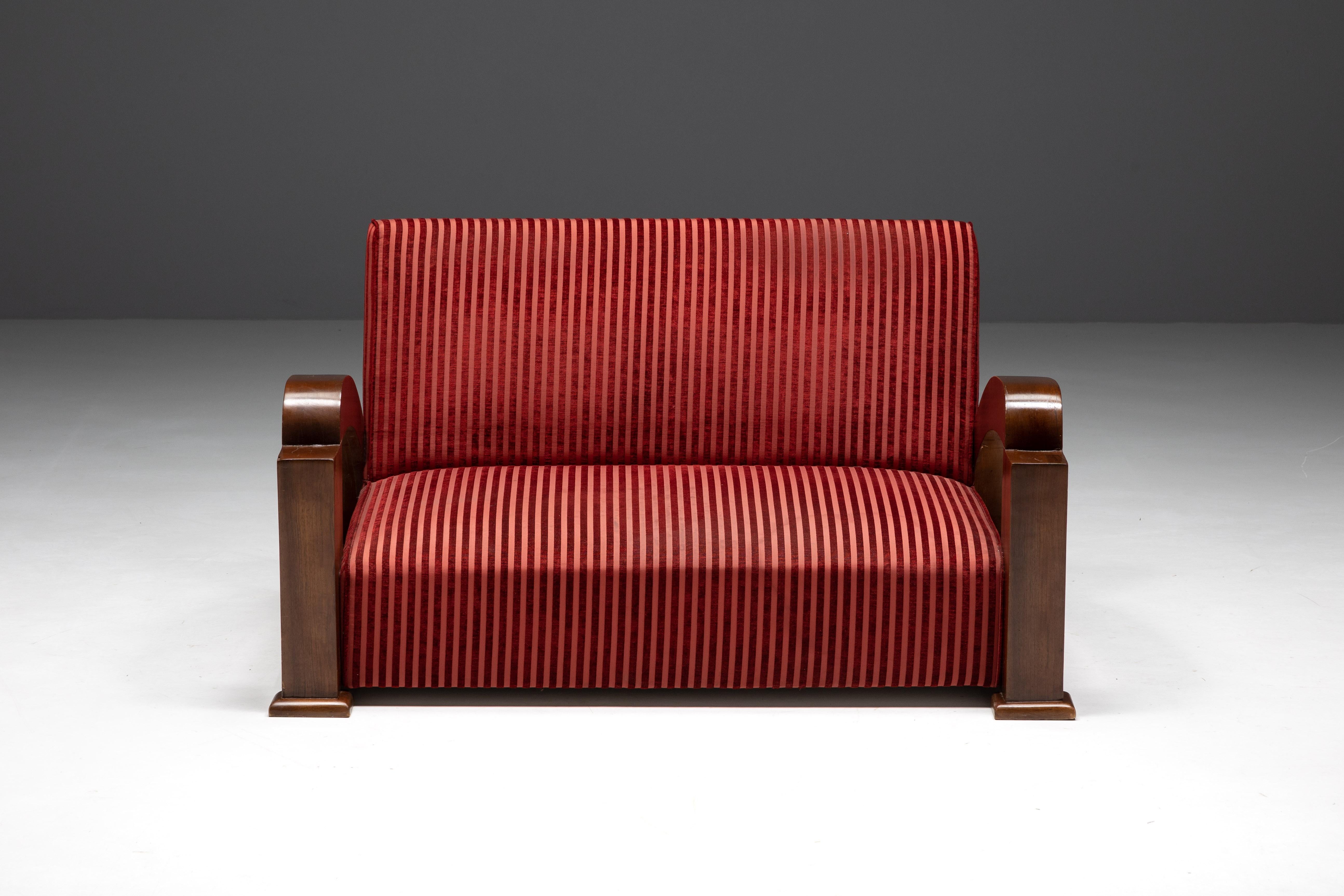 Art Deco Sofa in Red Striped Velvet and with Swoosh Armrests, France, 1940s For Sale 5