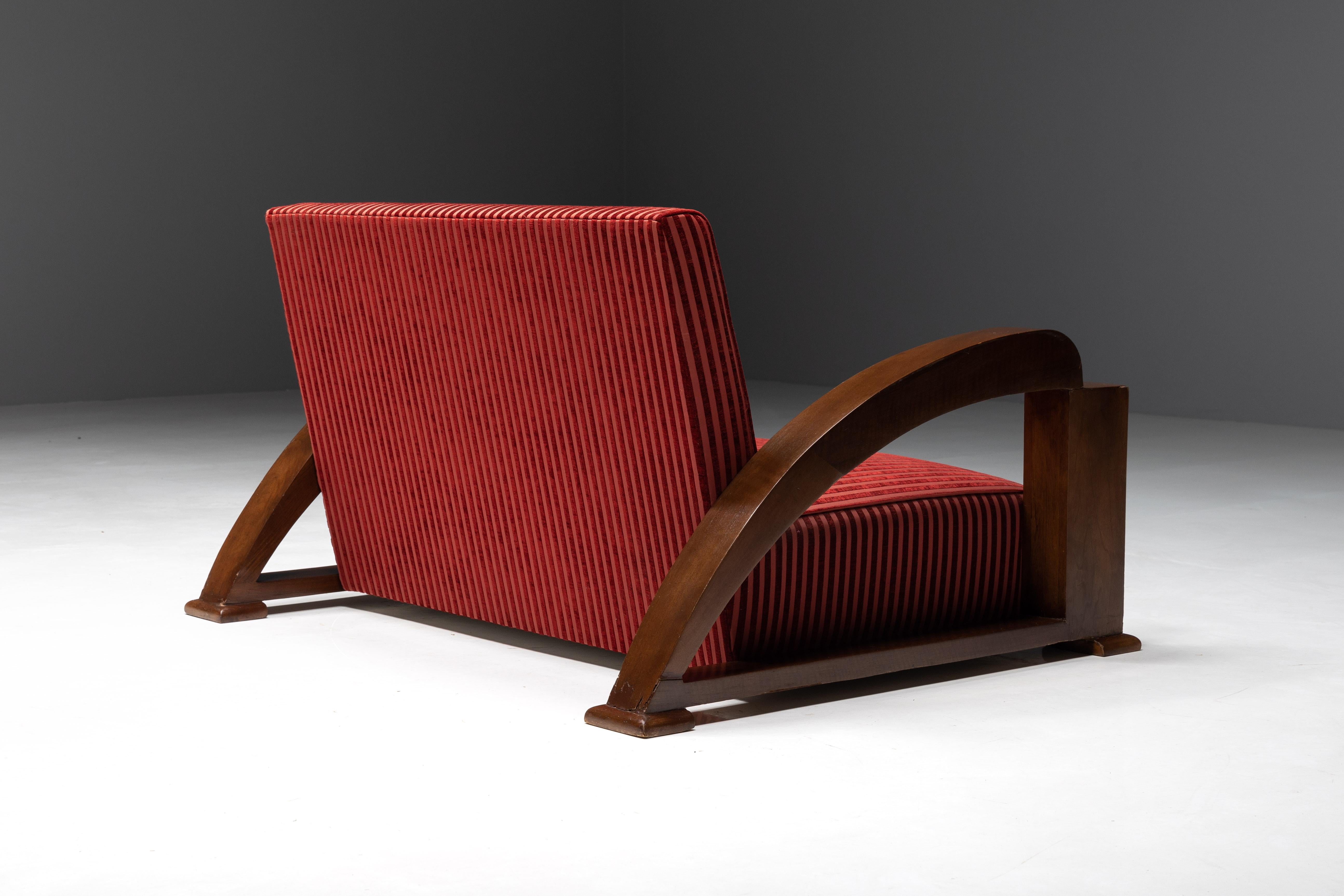 Art Deco Sofa in Red Striped Velvet and with Swoosh Armrests, France, 1940s For Sale 7