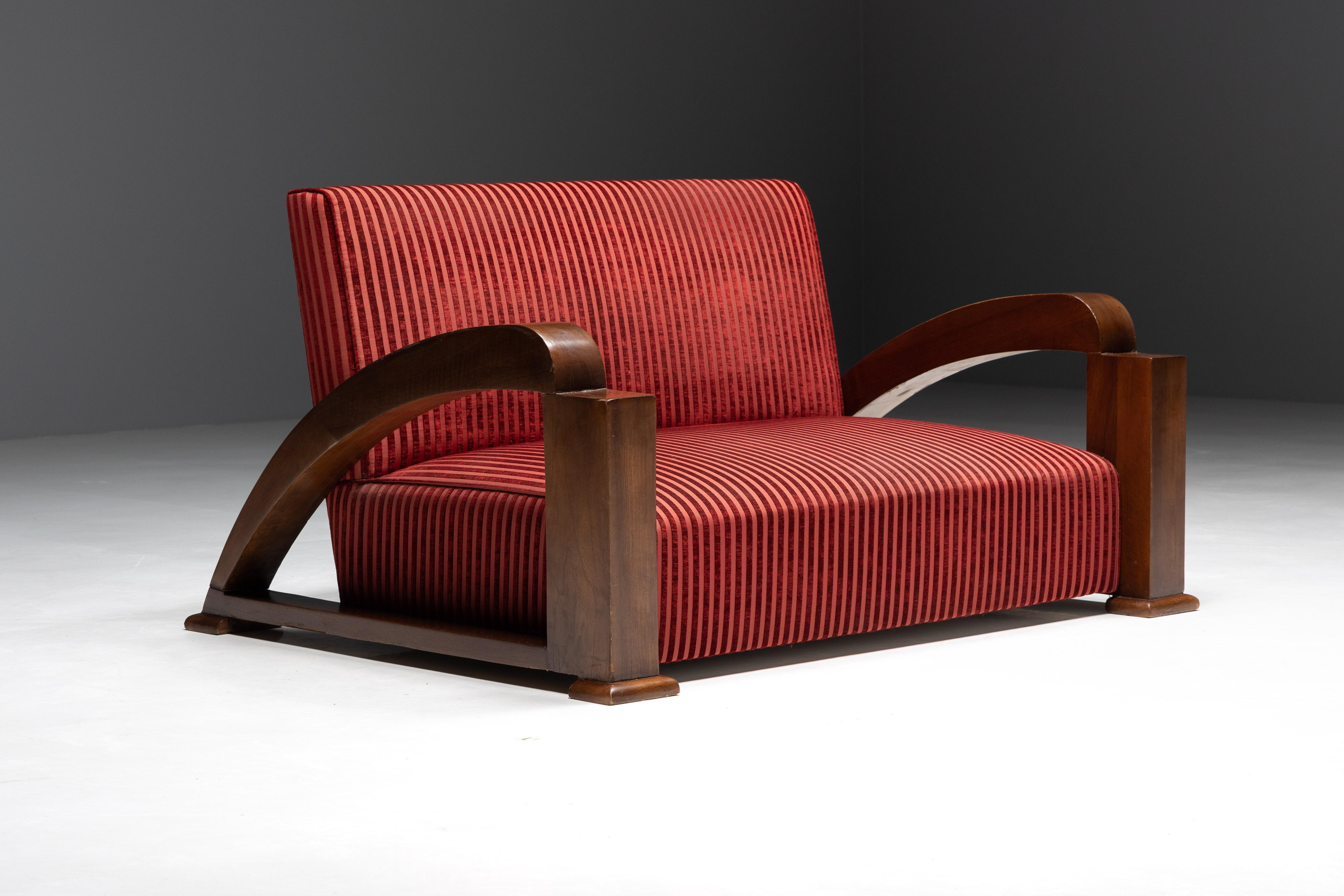 Mid-20th Century Art Deco Sofa in Red Striped Velvet and with Swoosh Armrests, France, 1940s For Sale