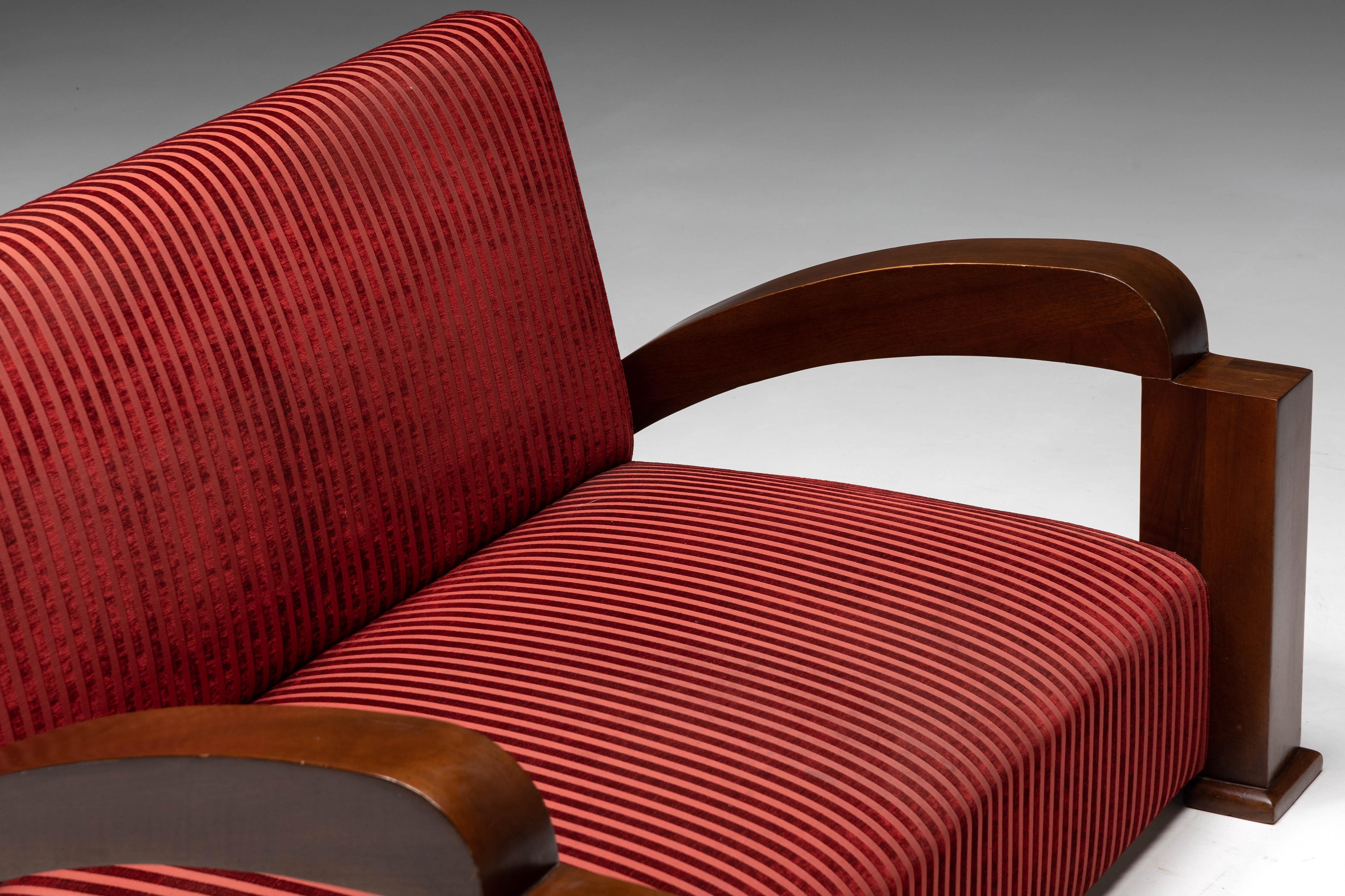 Art Deco Sofa in Red Striped Velvet and with Swoosh Armrests, France, 1940s For Sale 1