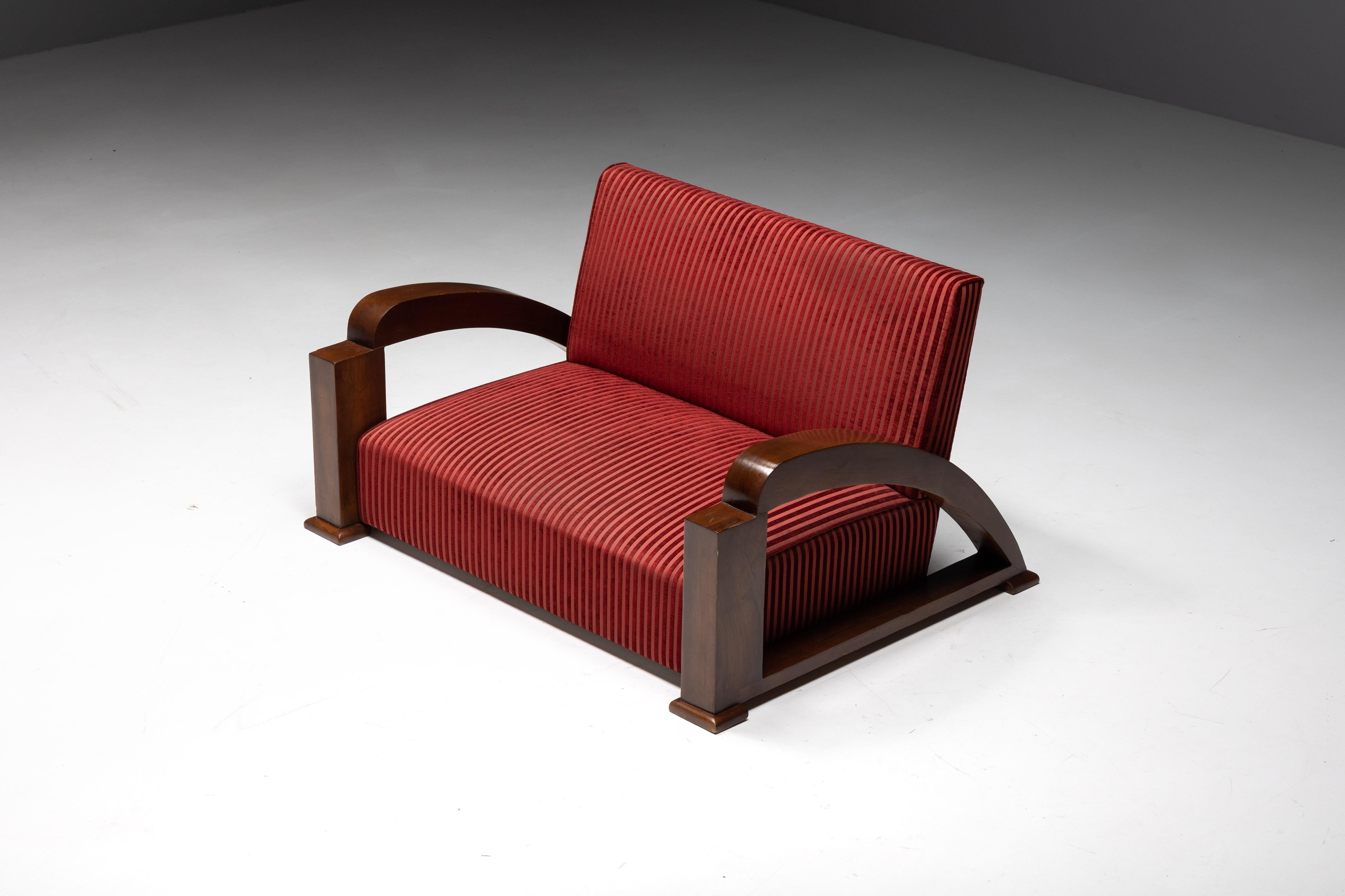 Art Deco Sofa in Red Striped Velvet and with Swoosh Armrests, France, 1940s For Sale 4