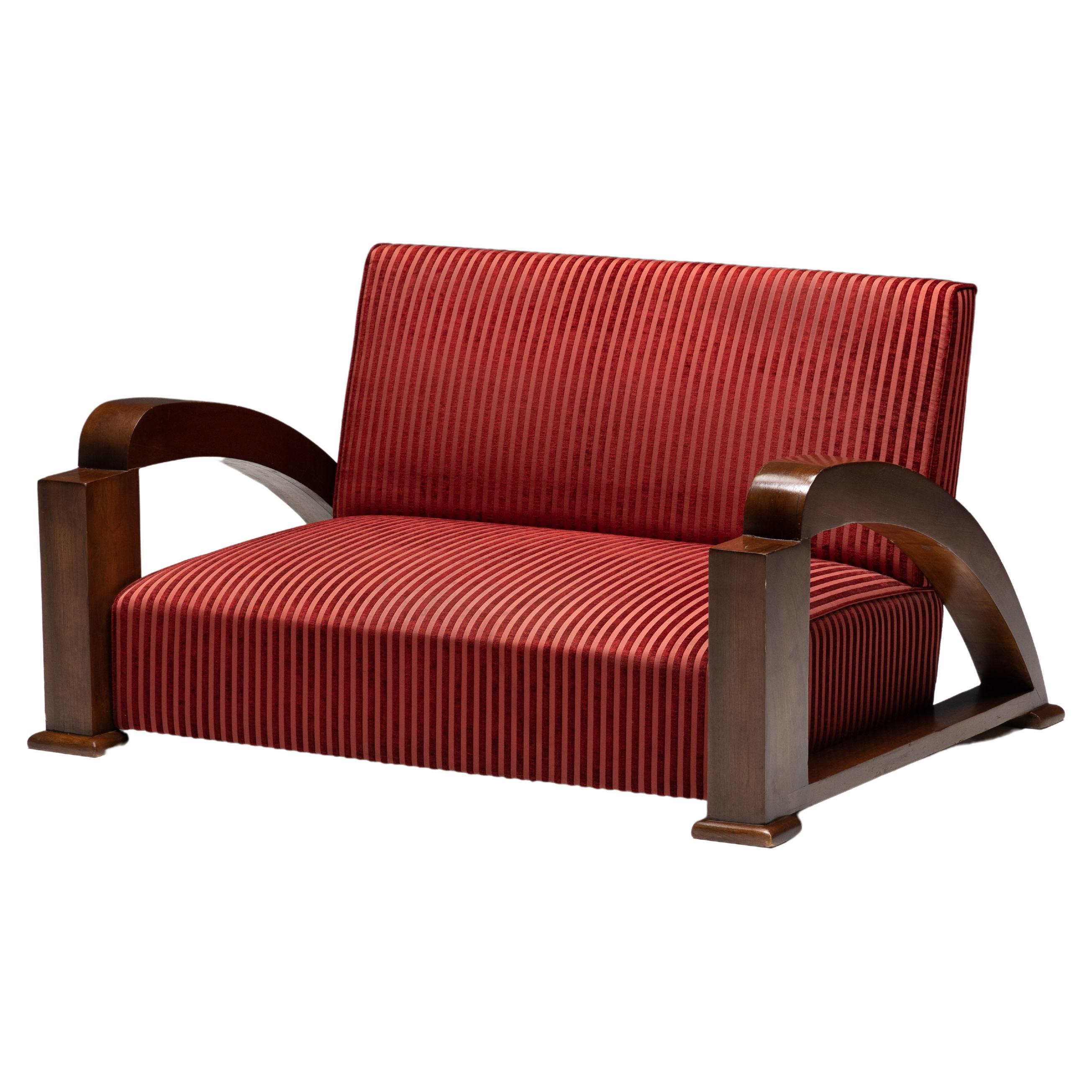 Art Deco Sofa in Red Striped Velvet and with Swoosh Armrests, France, 1940s For Sale