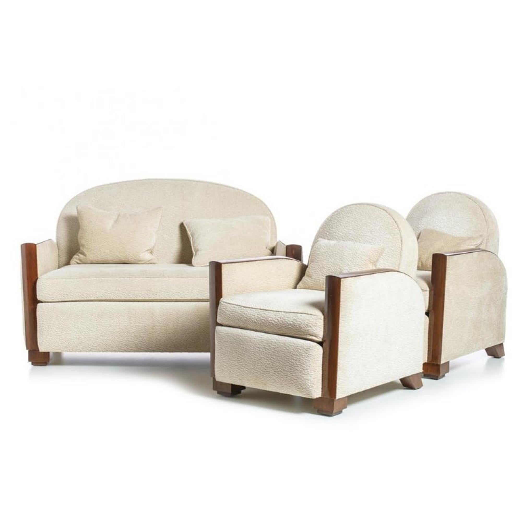 Art Deco sofa set

French, 20th century
 in mahogany wood, 
fabric upholstered back and seats. 
Dim.: (larger) 89 x 139 x 81 cm.
Very good condition.