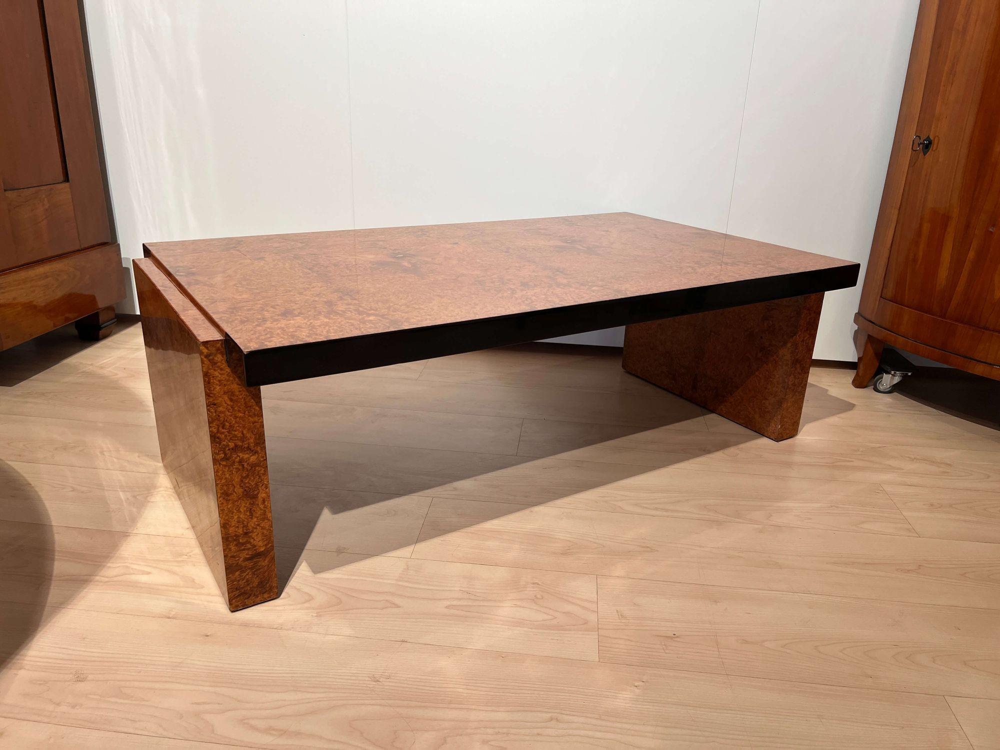 Lacquer Art Deco Sofa Table, Amboyna Roots Veneer, France, Circa 1930 For Sale