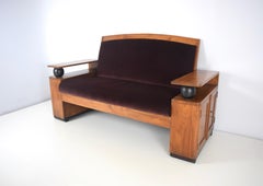 Art Deco Sofa Teak Wood and Bordeaux Red Fabric, Indonesia