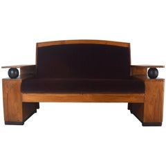 Antique Art Deco Sofa Teak Wood and Bordeaux Red Fabric, Indonesia