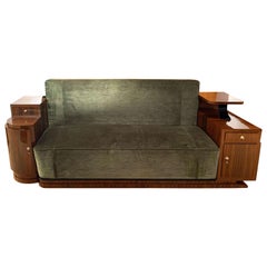 Vintage Art Deco Sofa, Walnut Veneer and Green Velvet, France, circa 1930