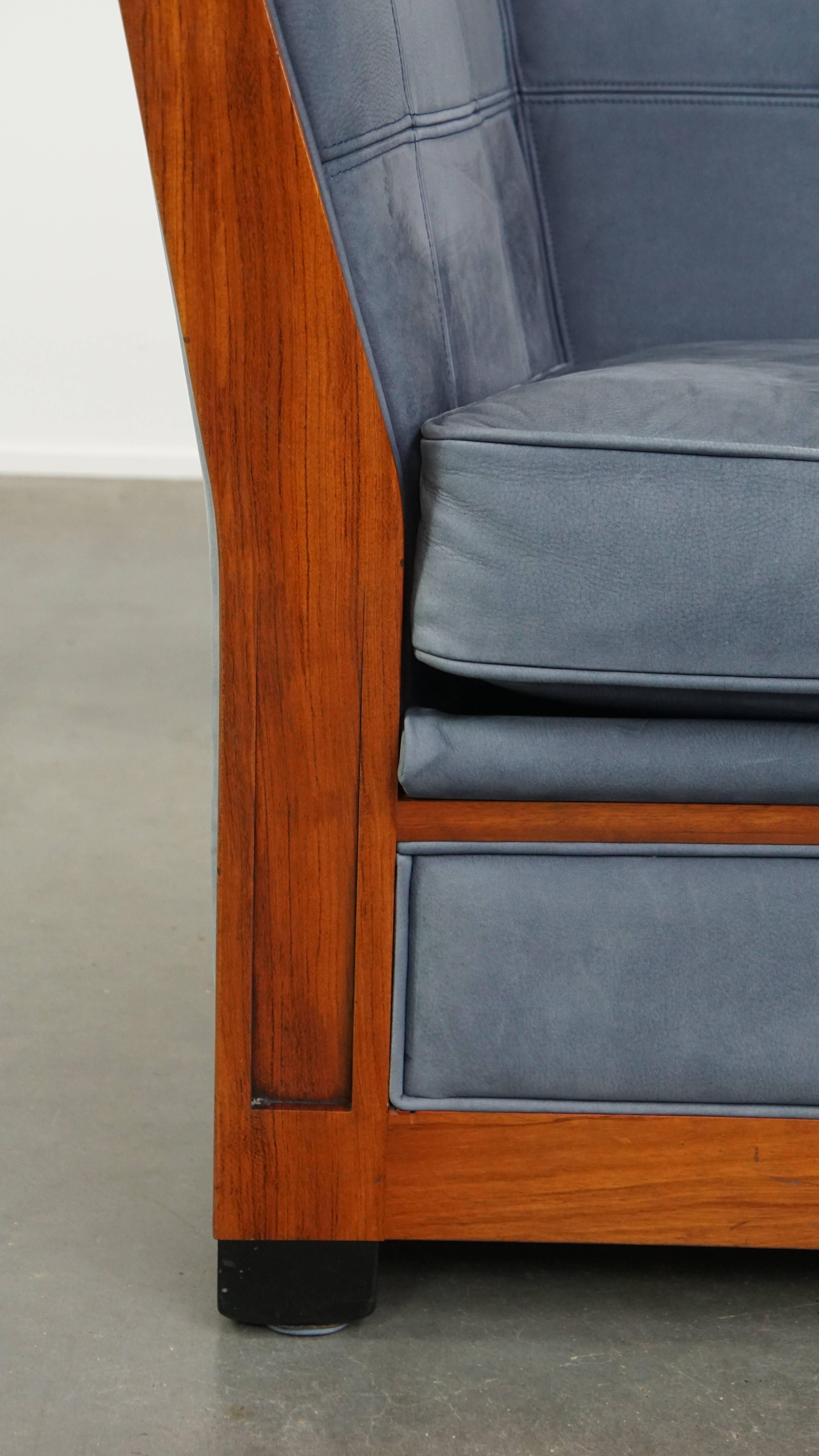 Canapé Art Déco avec revêtement en cuir nubuck bleu en vente 3