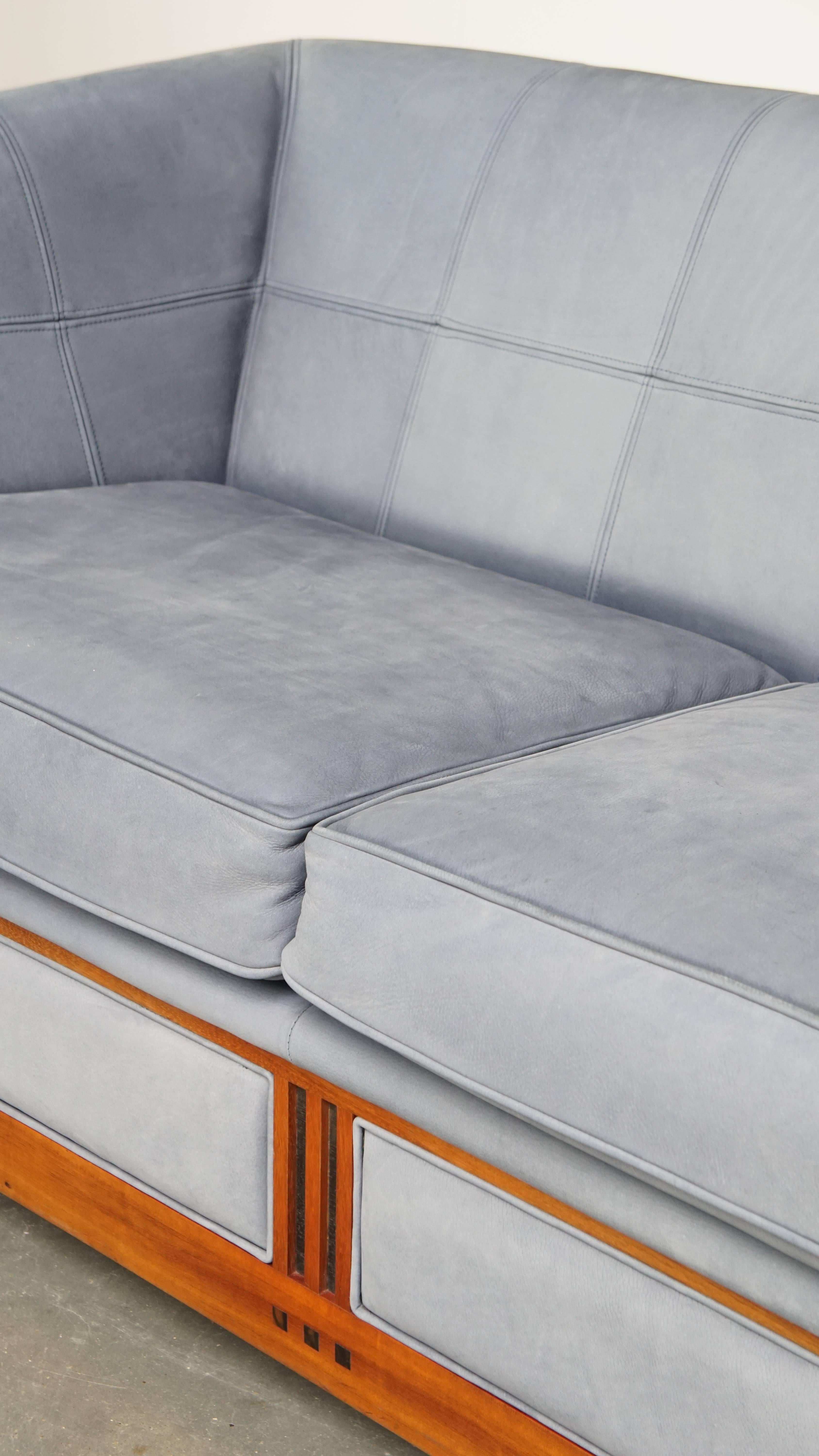Divano Art Deco con rivestimento in pelle Nubuck blu in vendita 9