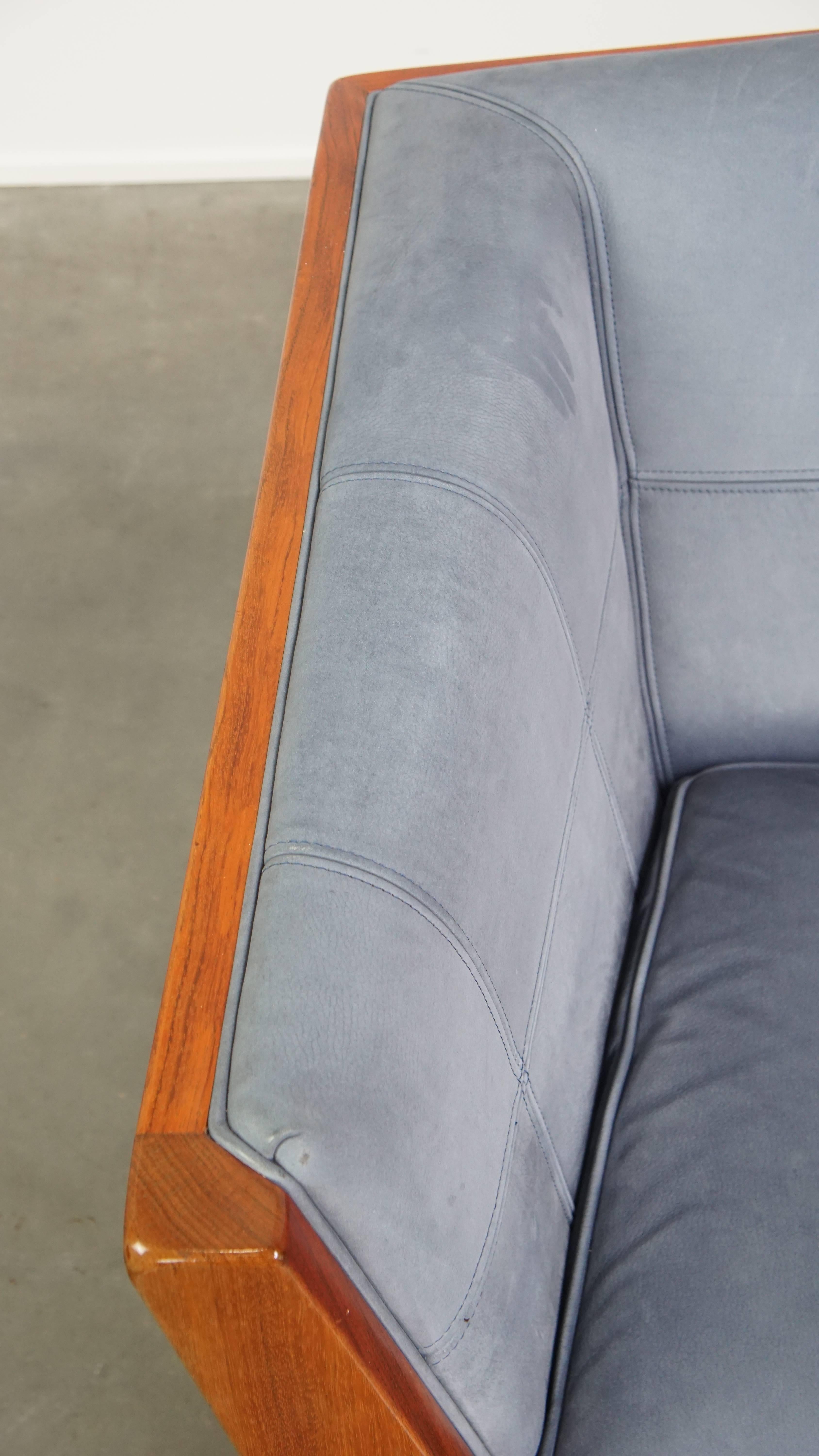 Pelle Divano Art Deco con rivestimento in pelle Nubuck blu in vendita