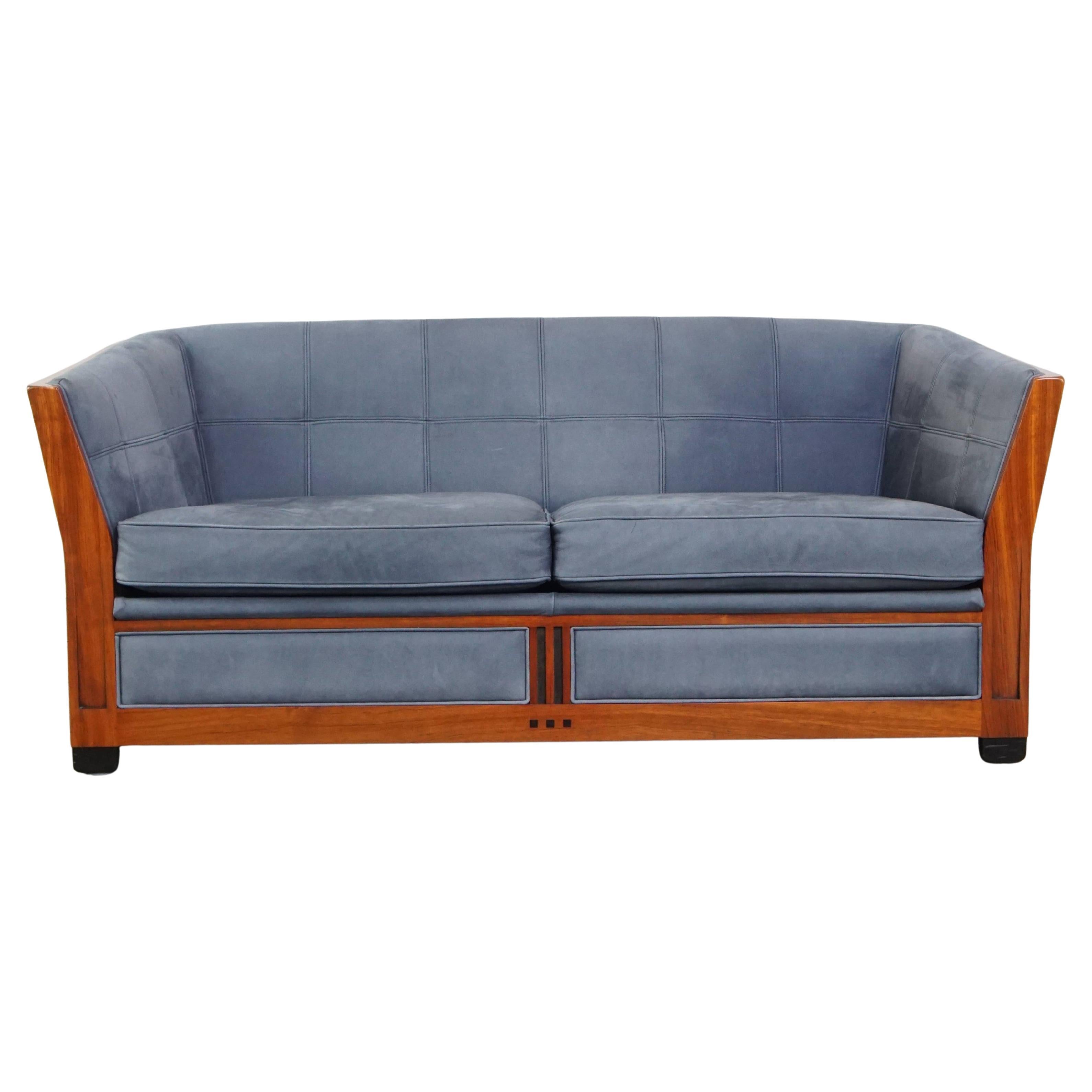 Canapé Art Déco avec revêtement en cuir nubuck bleu en vente
