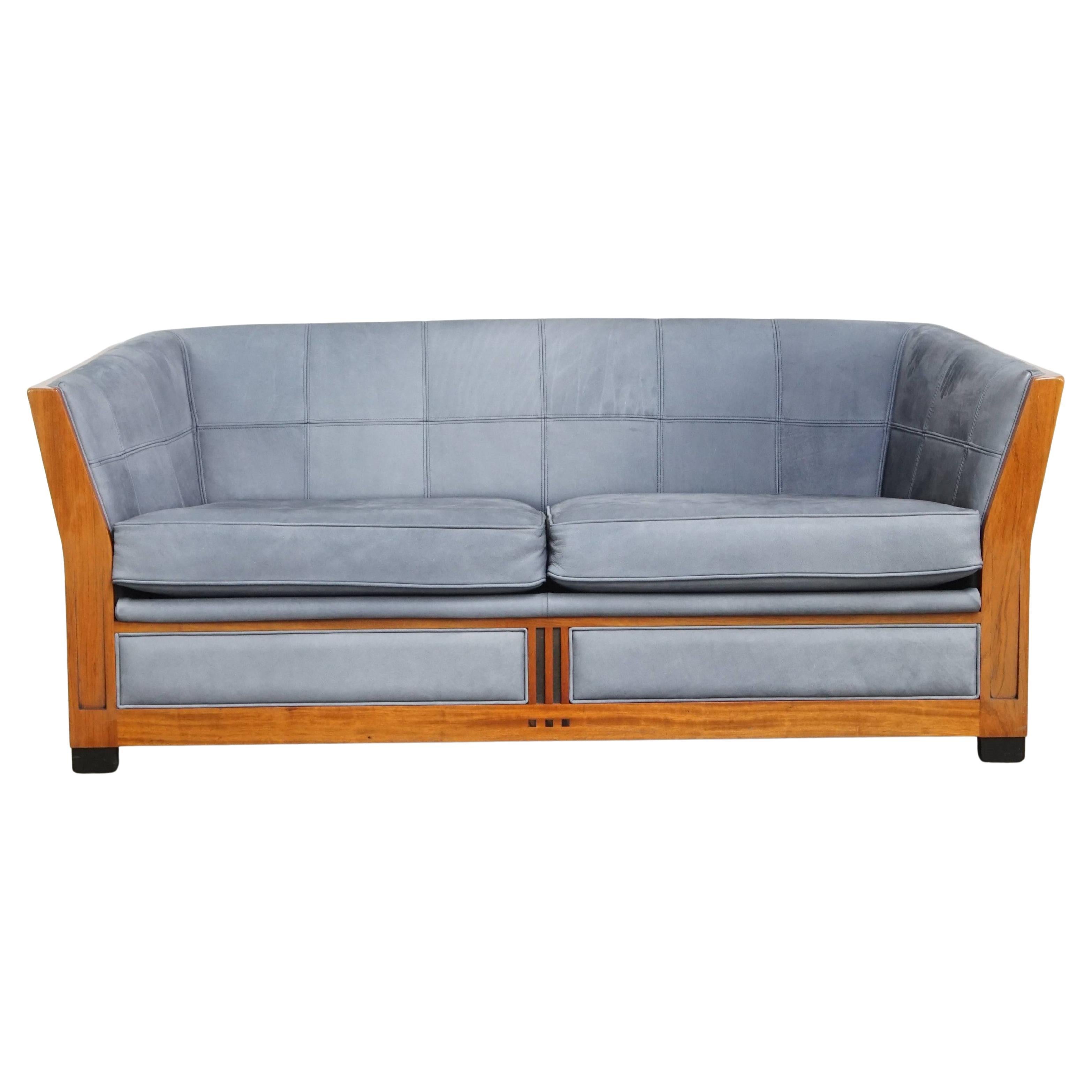 Divano Art Deco con rivestimento in pelle Nubuck blu in vendita