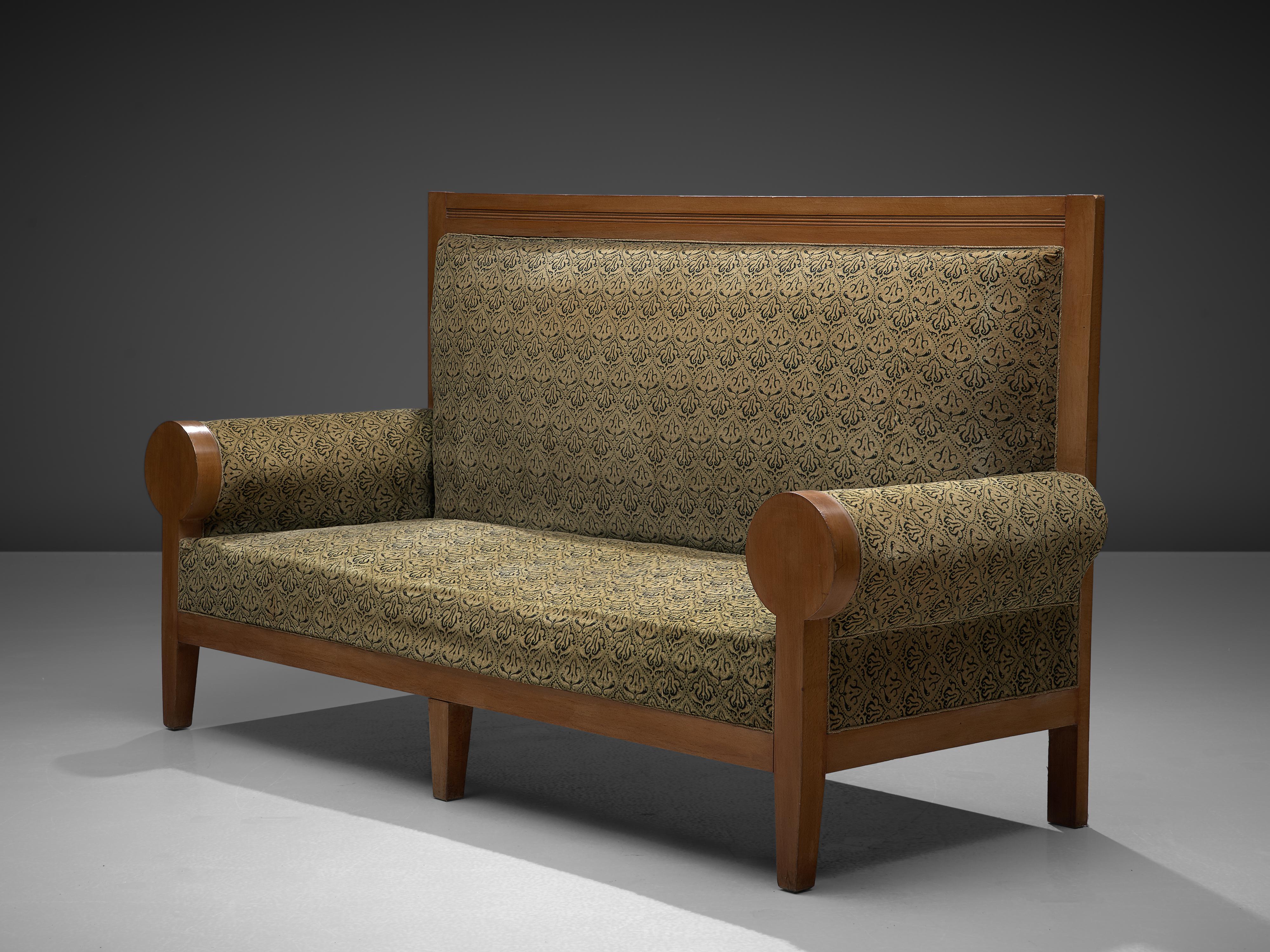 Sofa, beech, fabric, Europe, 1940s

This sofa is a beautiful piece made in the late Art Deco period in Europe. It has a very strong appearance, due the high back and the angular shapes in the design. The appearance of this sofa comes across majestic