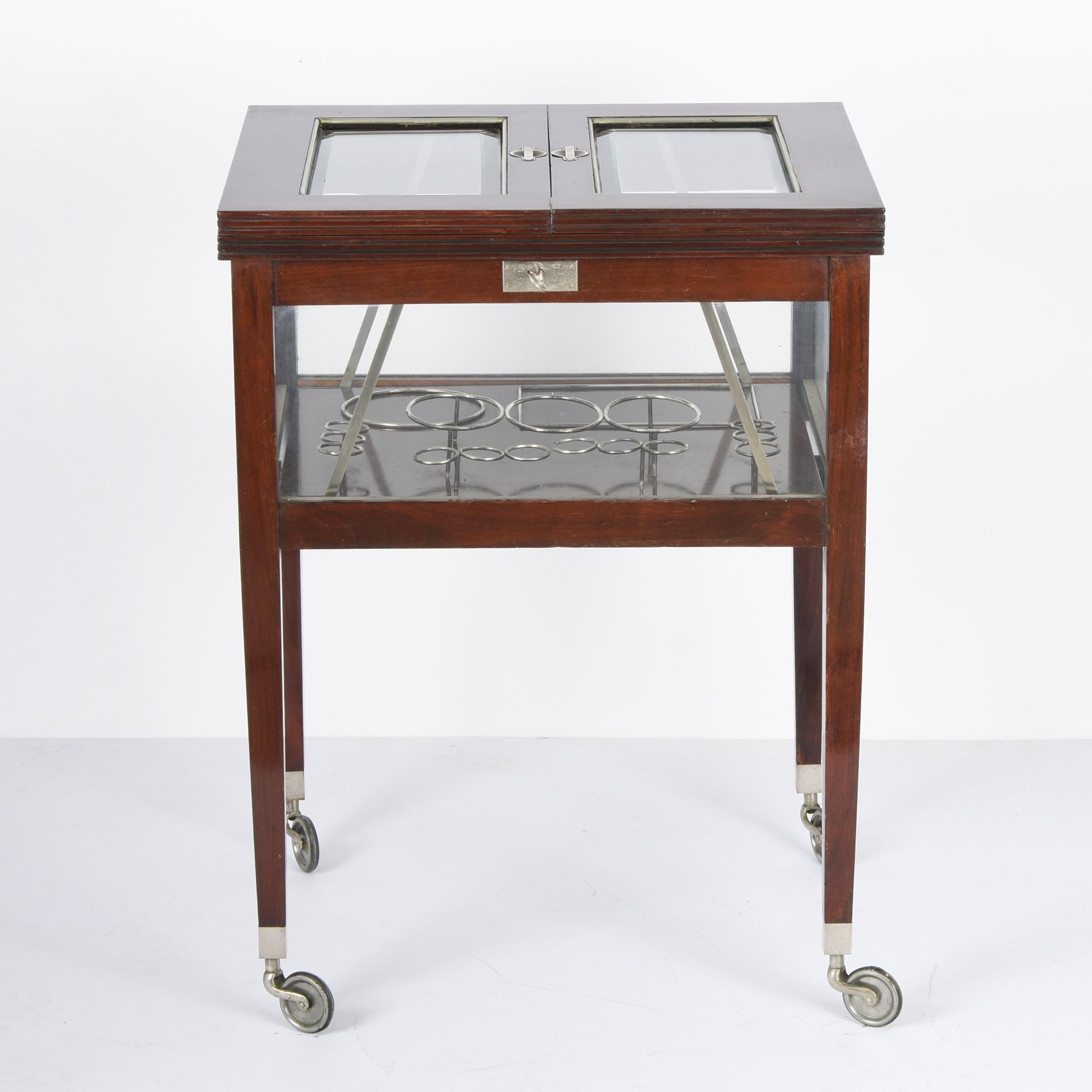Early 20th Century Art Deco Solid Beech, Glass and Silver Austrian Dry Bar Cart Trolley, 1920s
