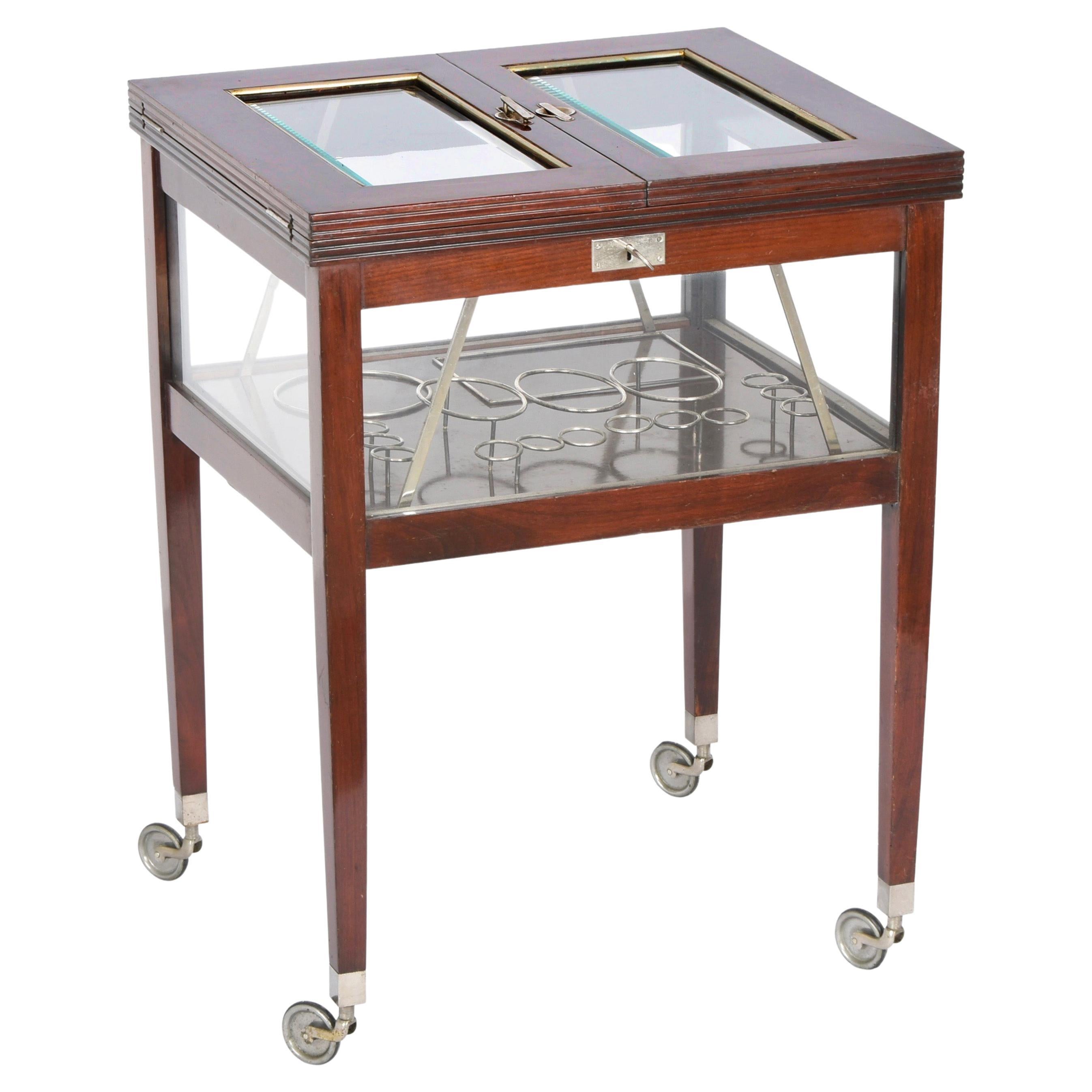 Art Deco Solid Beech, Glass and Silver Austrian Dry Bar Cart Trolley, 1920s