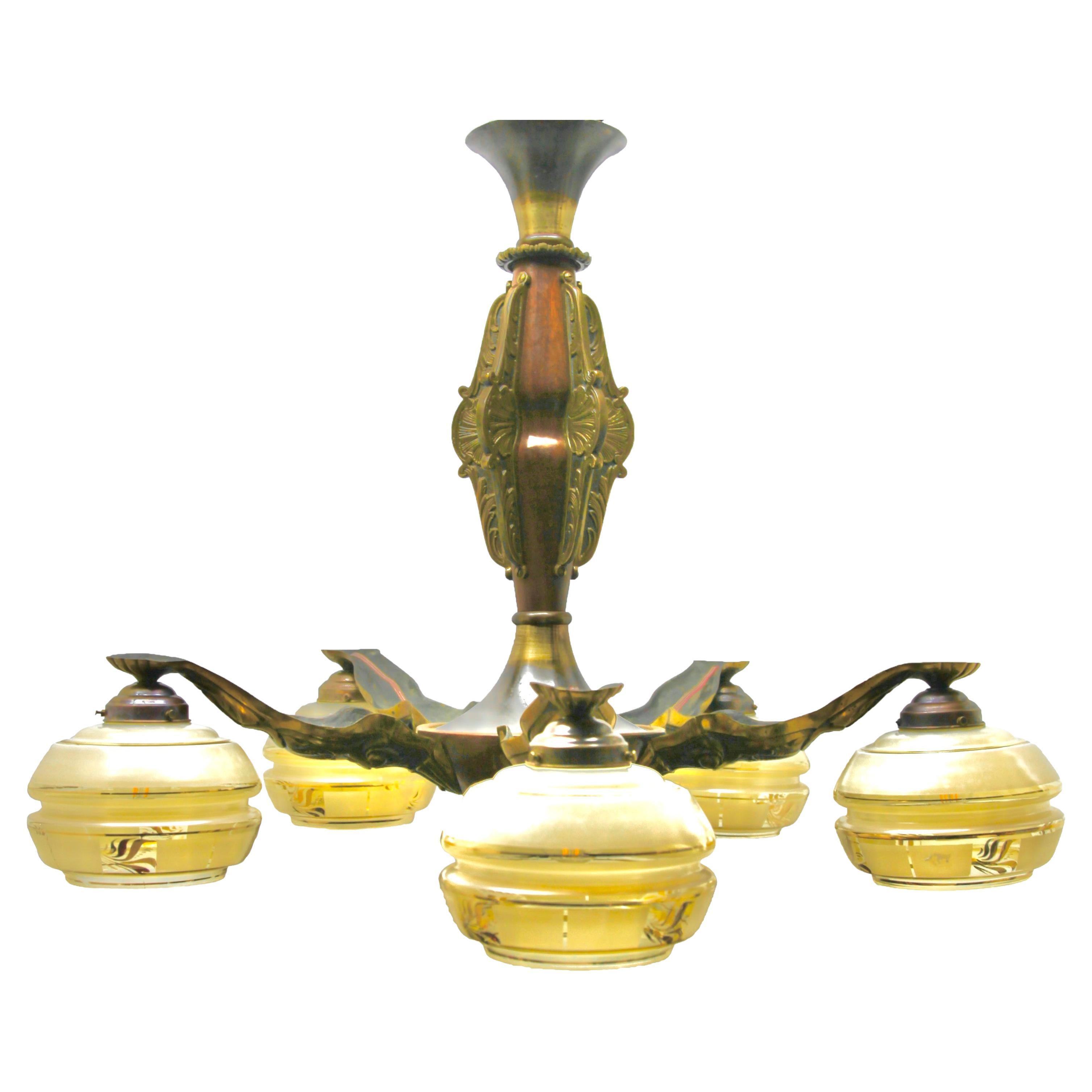 Art Deco Solid Brass and Wooden Details Chandelier Shades Whit Gold Pattern For Sale