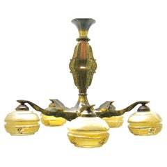 Art Deco Solid Brass and Wooden Details Chandelier Shades Whit Gold Pattern