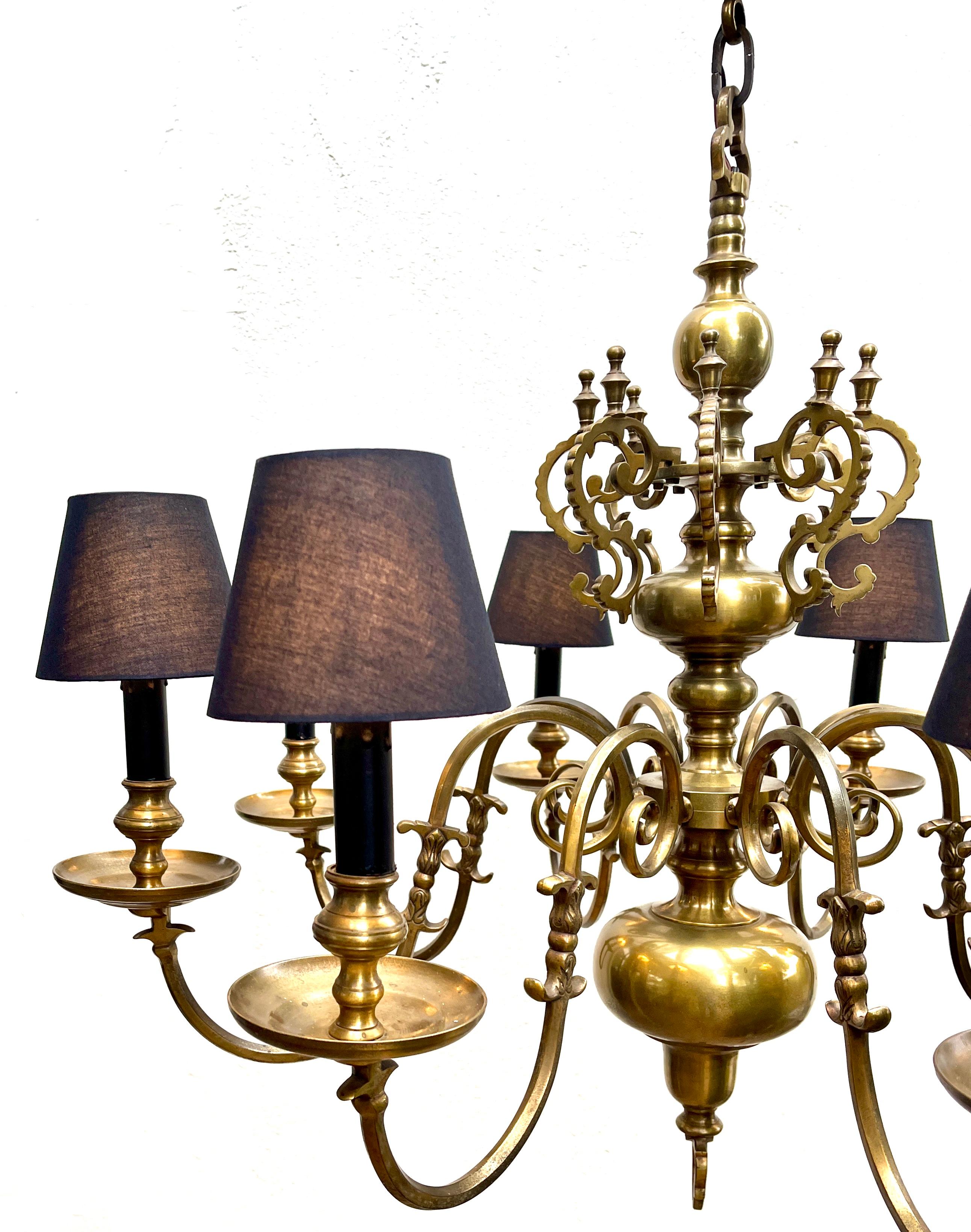 French Art Deco Solid Brass Chandelier 9 Black Shades