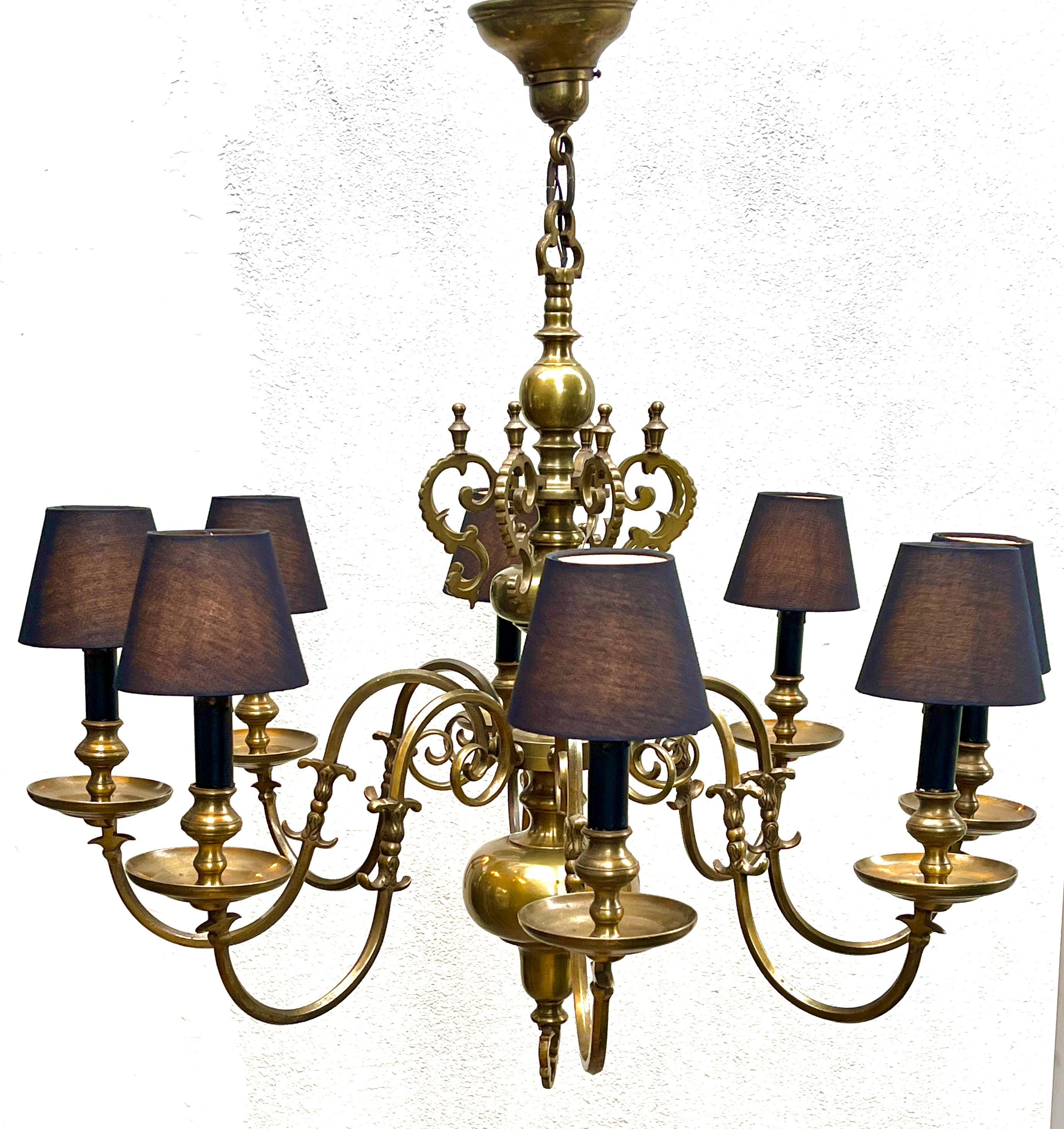Art Deco Solid Brass Chandelier 9 Black Shades In Good Condition In Verviers, BE