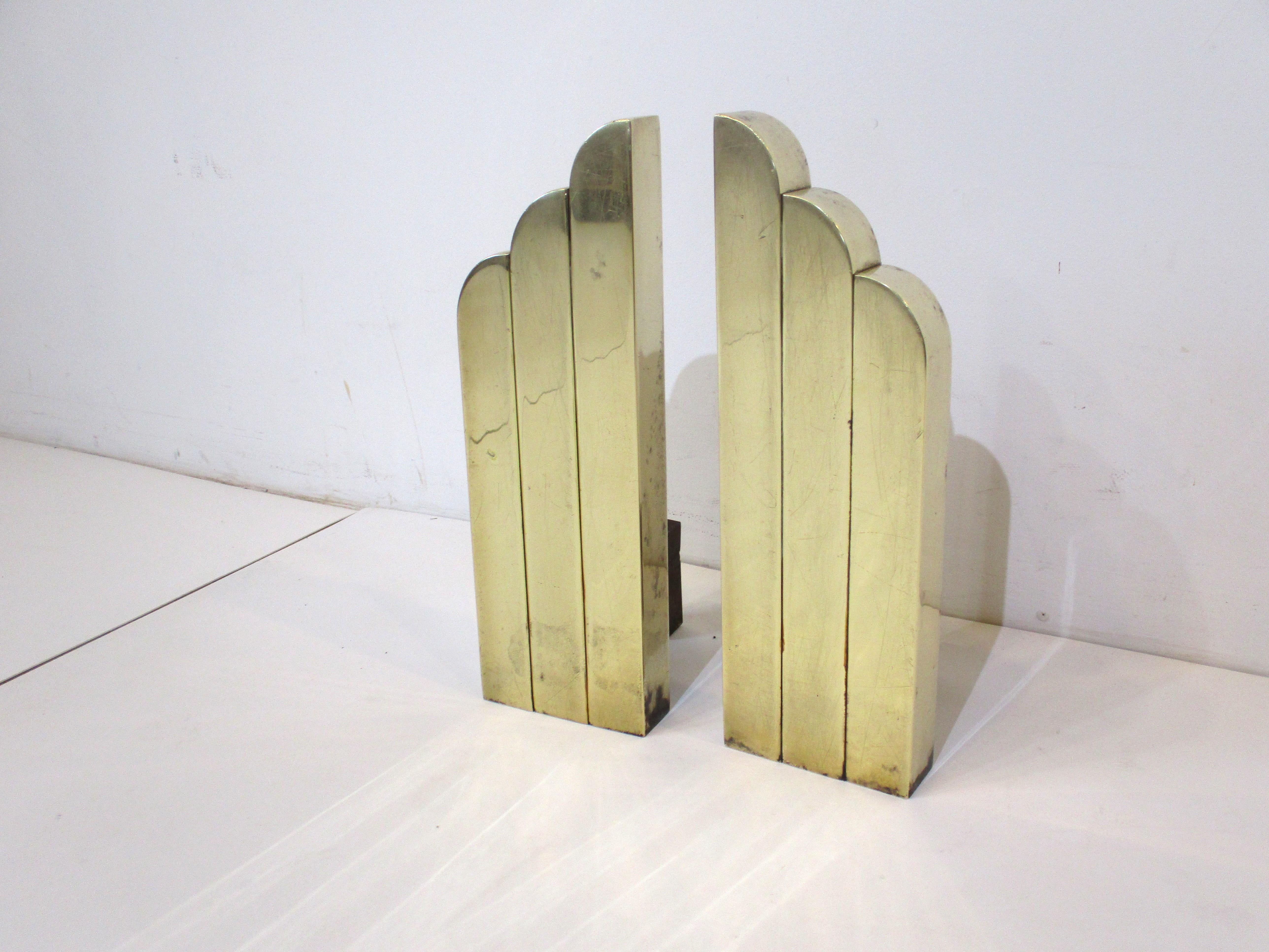 American Art Deco Solid Brass Skyscraper Fireplace Andirons in the Style of Deskey  For Sale