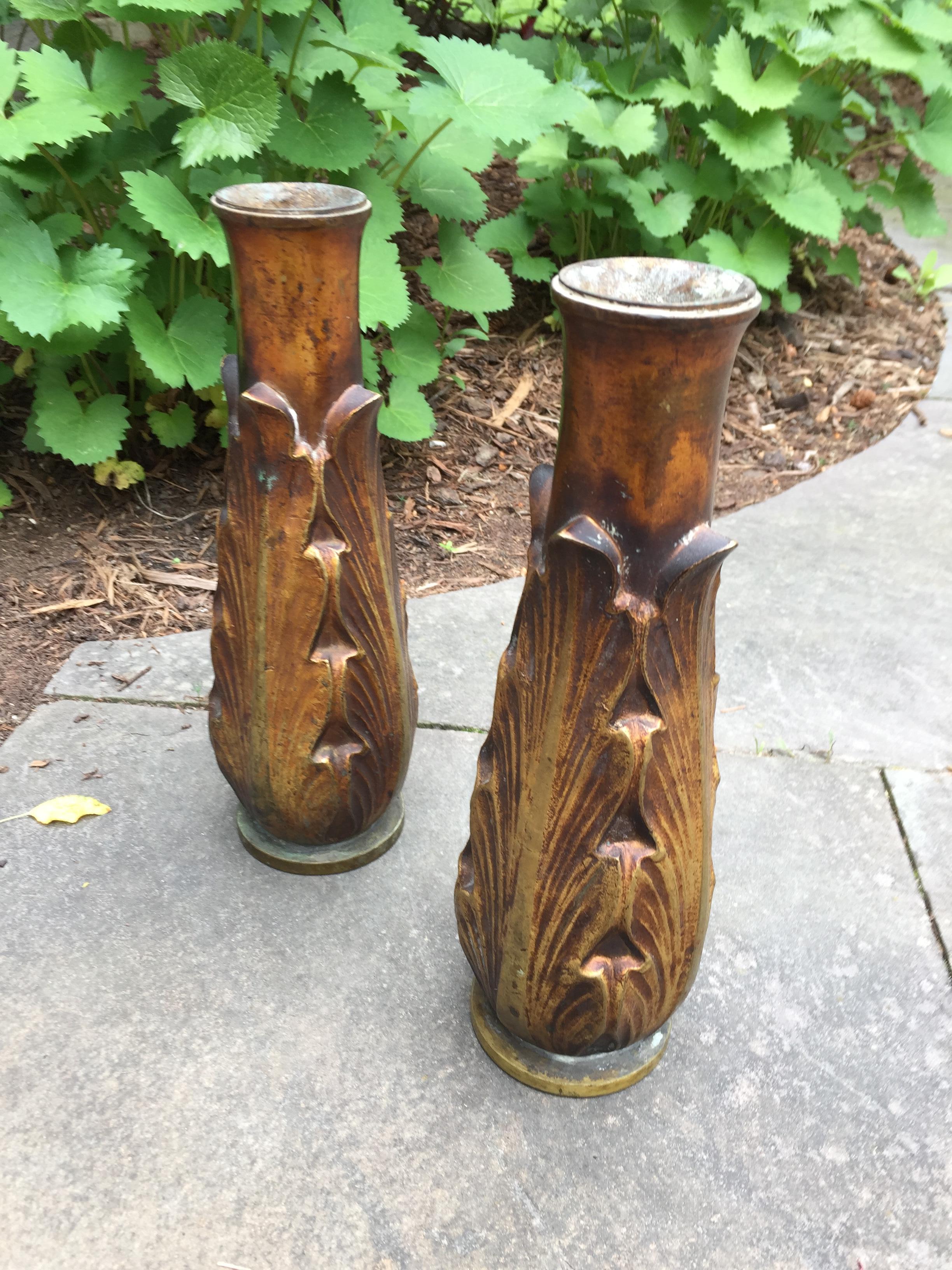 Art Deco Solid Bronze Candleholders or Vases / a Pair In Good Condition For Sale In Chicago, IL